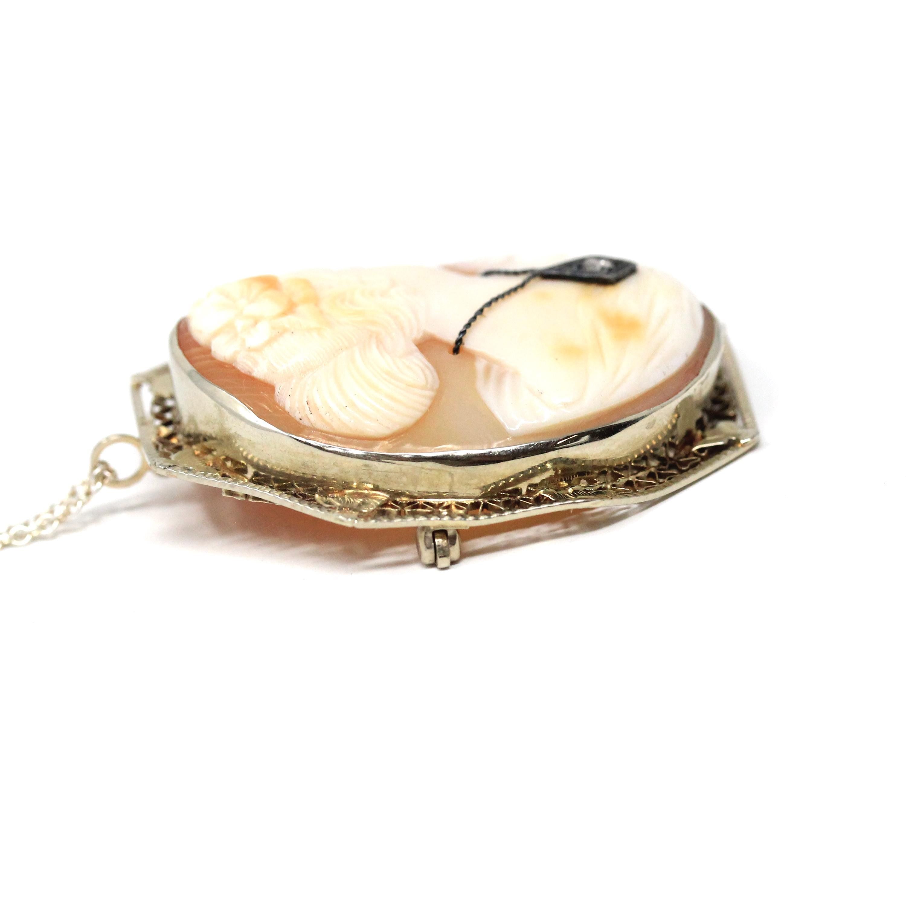 Habillé Cameo Pendant - Art Deco Era 14k White Gold Natural Diamond Carved Shell Woman's Profile Necklace - Vintage Circa 1930s Fine Jewelry