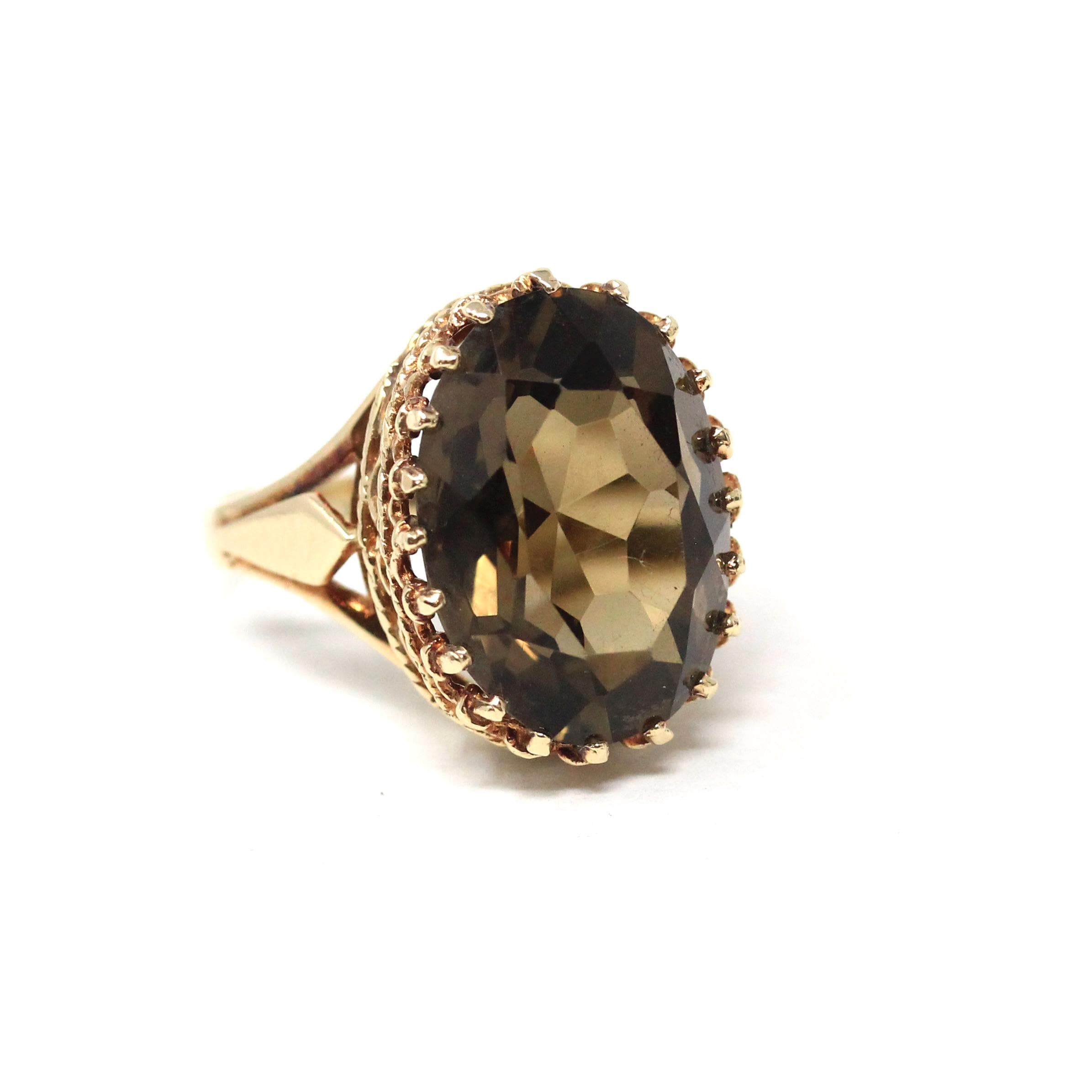 Smoky Quartz Ring - Retro 14k Yellow Gold Oval Faceted 12.15 CT Brown Gray Gemstone - Vintage Circa 1970s Era Size 7 Statement Fine Jewelry