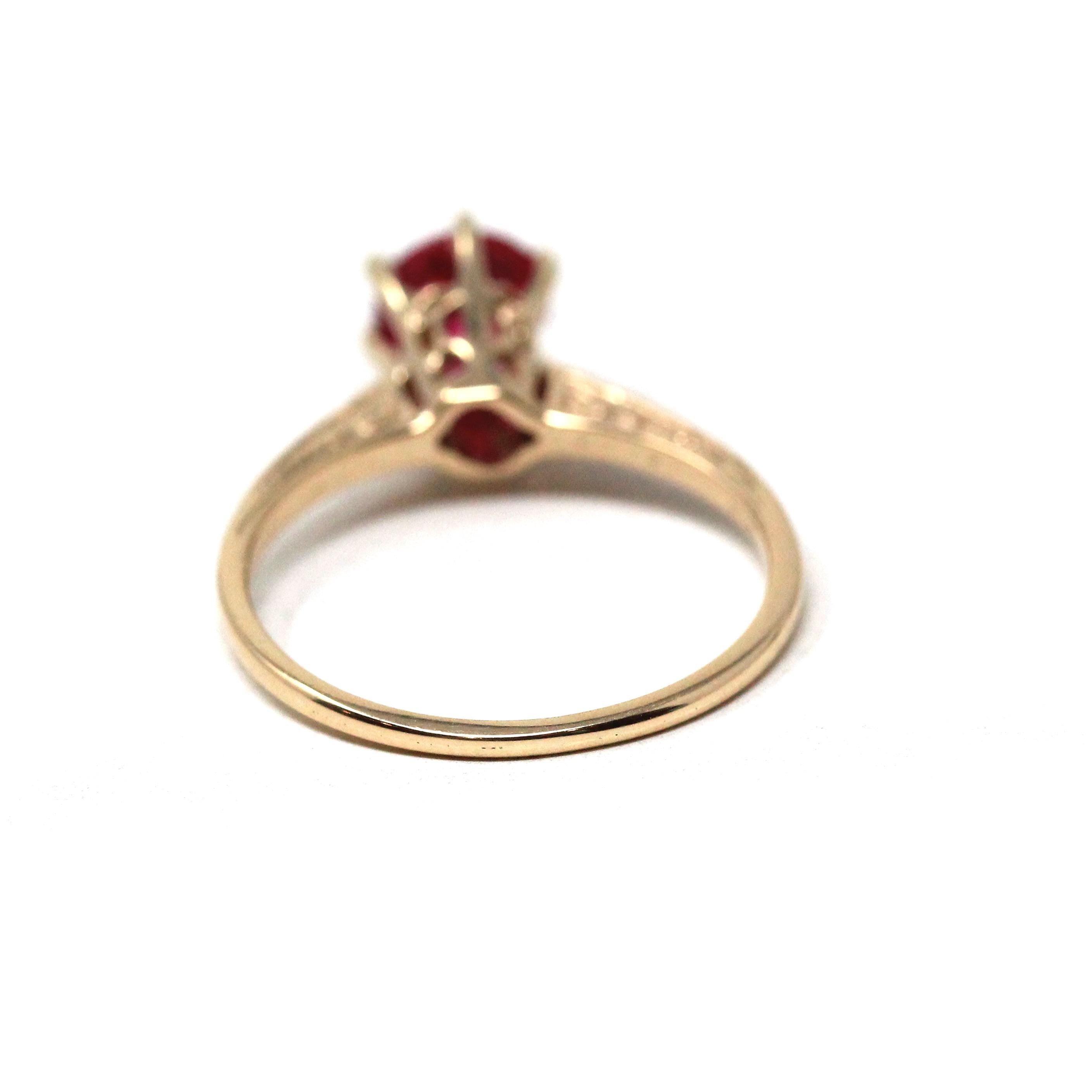 Vintage Solitaire Ring - Art Deco 10k Yellow Gold Created Pink Red Ruby - Circa 1930s Era Size 5 1/2 July Birthstone Fine Engraved Jewelry