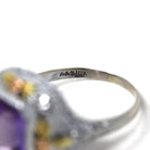 Art Deco Filigree Ring - Vintage 10k White Gold Created Color Change Purple Pink Sapphire - Circa 1930s Size 7 3/4 Tri Color Fine Jewelry