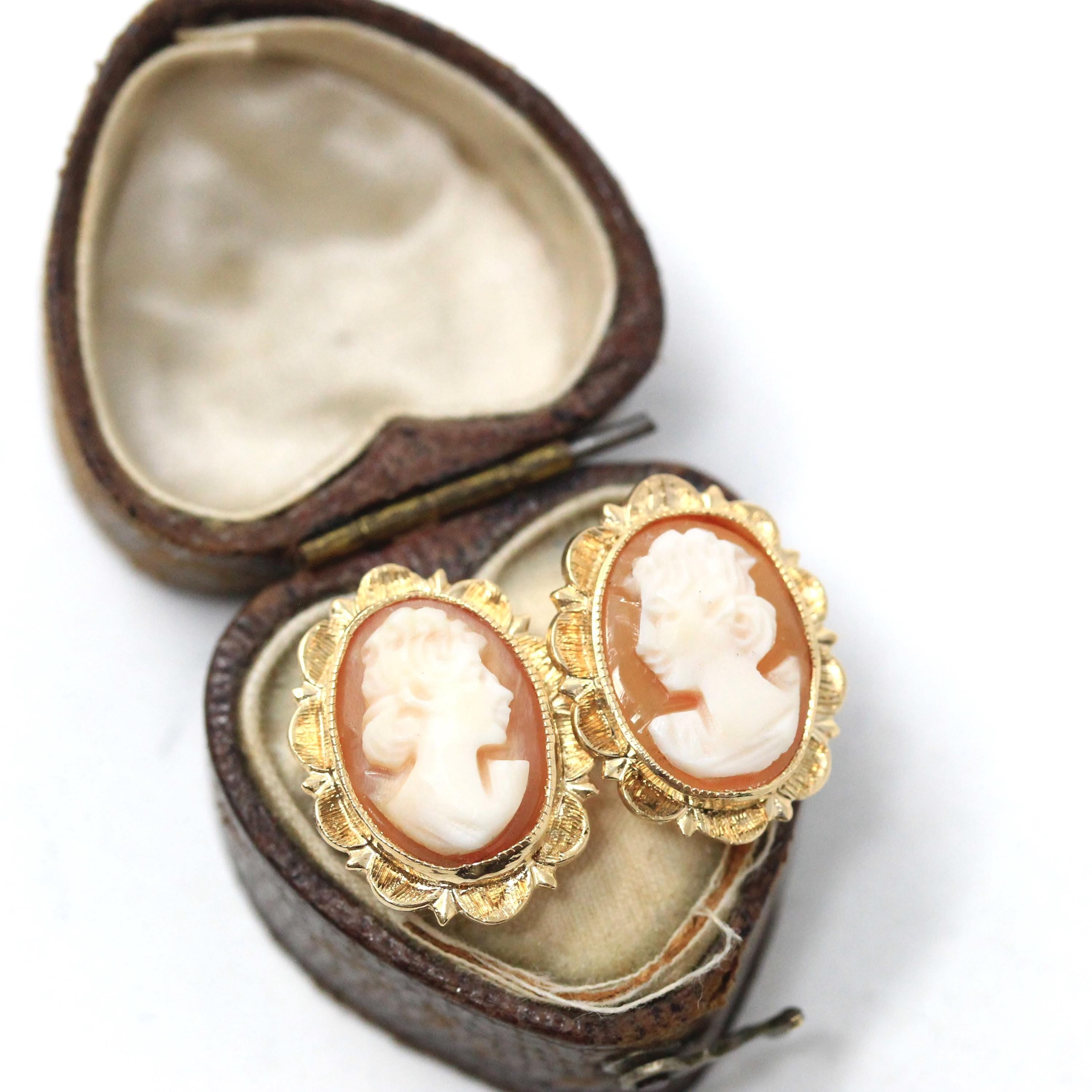 Vintage Cameo Earrings - Retro 14k Yellow Gold Bezel Set Post Pierced Ears Studs - Circa 1970s Era Carved Shell Fine Statement Jewelry