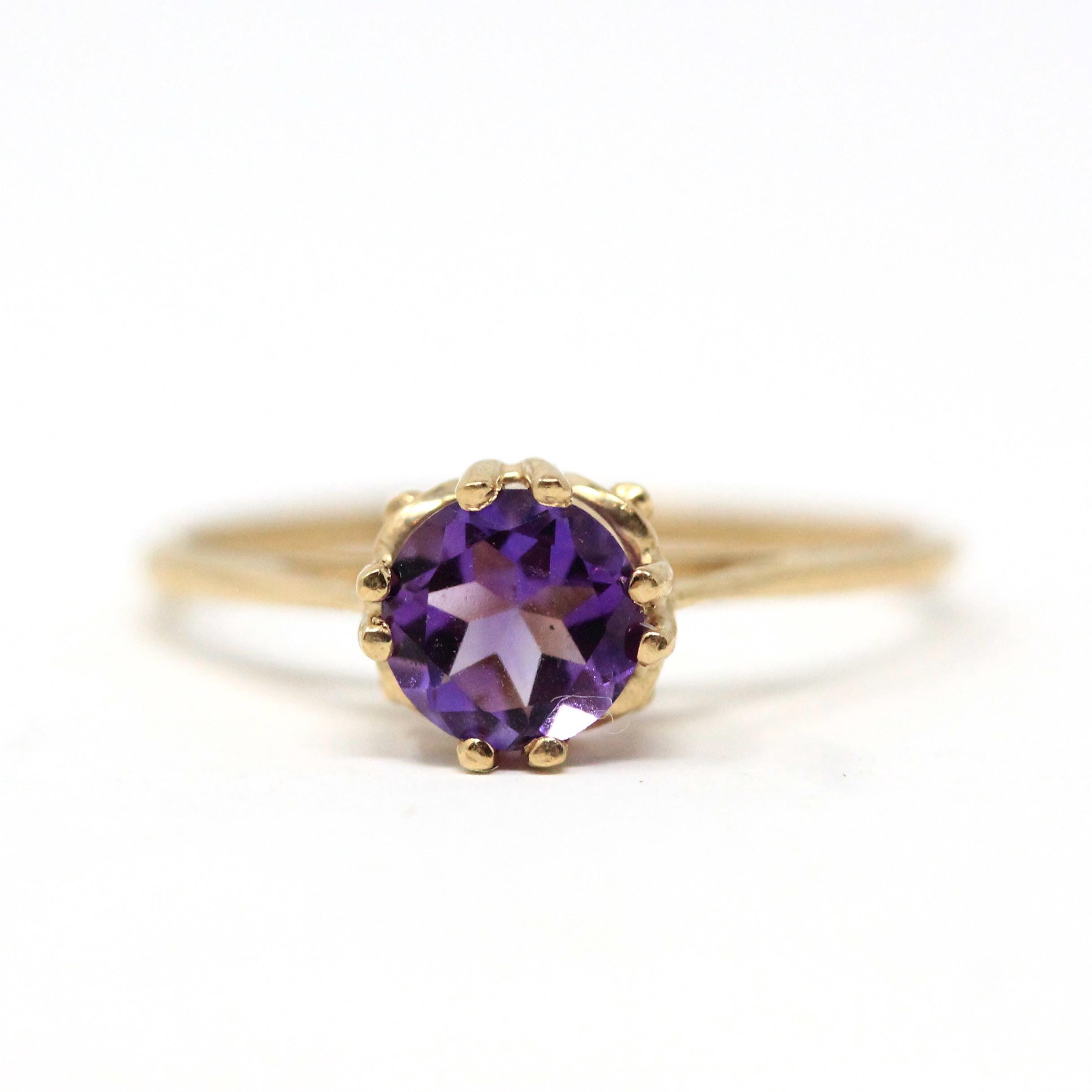 Estate Amethyst Ring - Modern 10k Yellow Gold Round Faceted .60 CT Purple Gemstone - Circa 2000s Size 7 3/4 February Birthstone Fine Jewelry