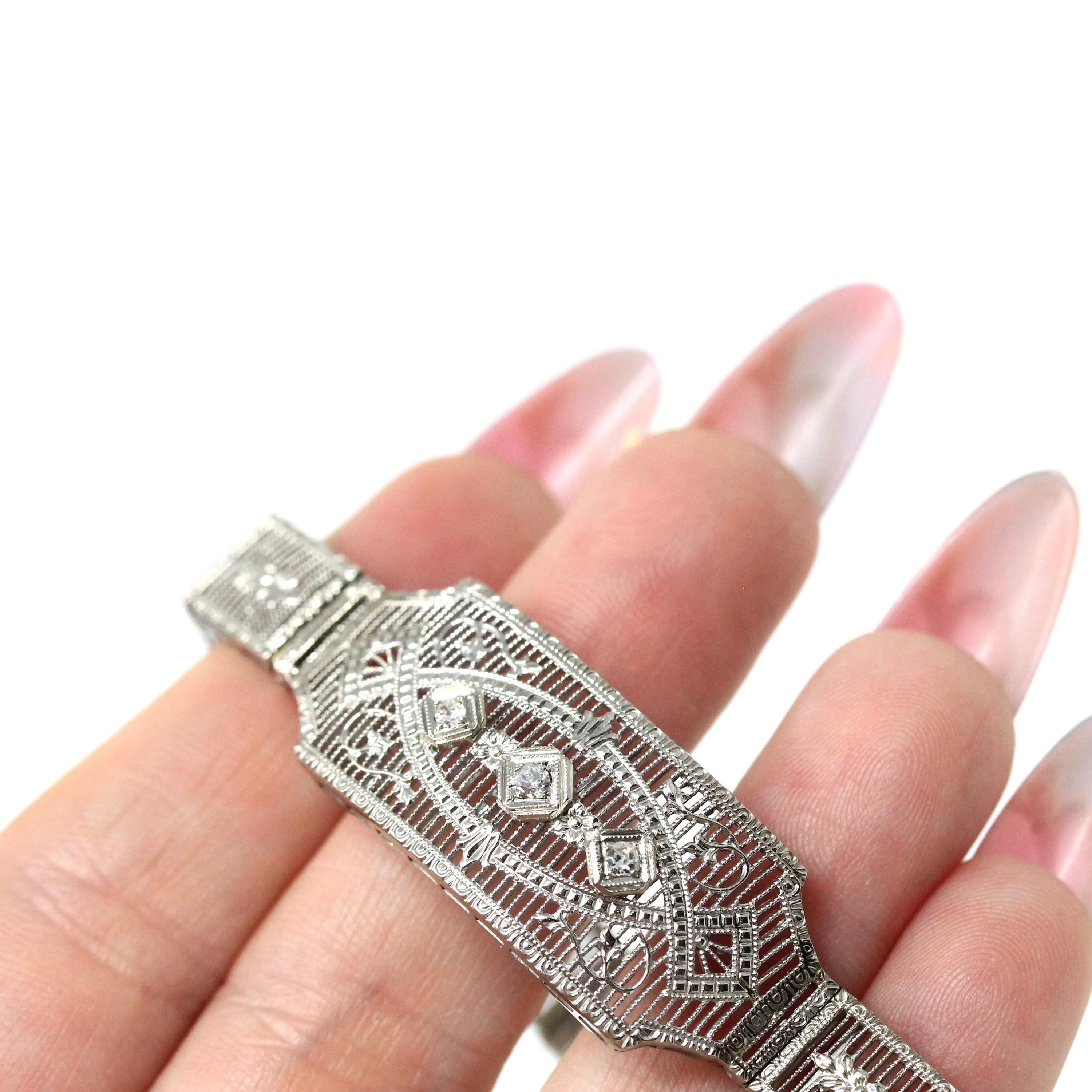 Art Deco Diamond Bracelet - Vintage 10k White Gold Filigree Natural .10 CTW Gemstones - Circa 1930s Era Wedding Filigree Panels Fine Jewelry