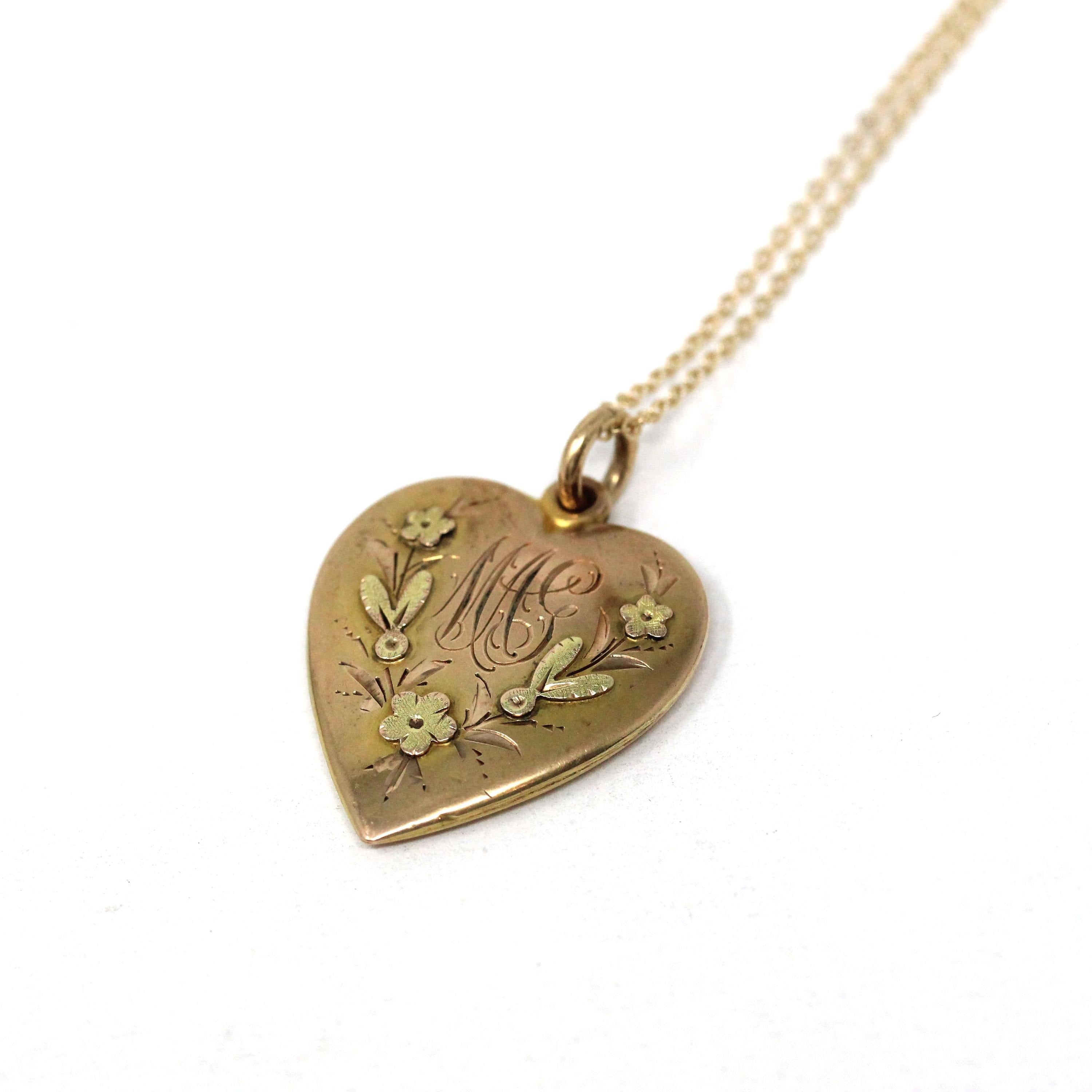 Antique Heart Pendant - Edwardian 10k Rosy Yellow Green Gold Flower Designs Charm Necklace - Vintage Circa 1900s Letters "MAG" Fine Jewelry
