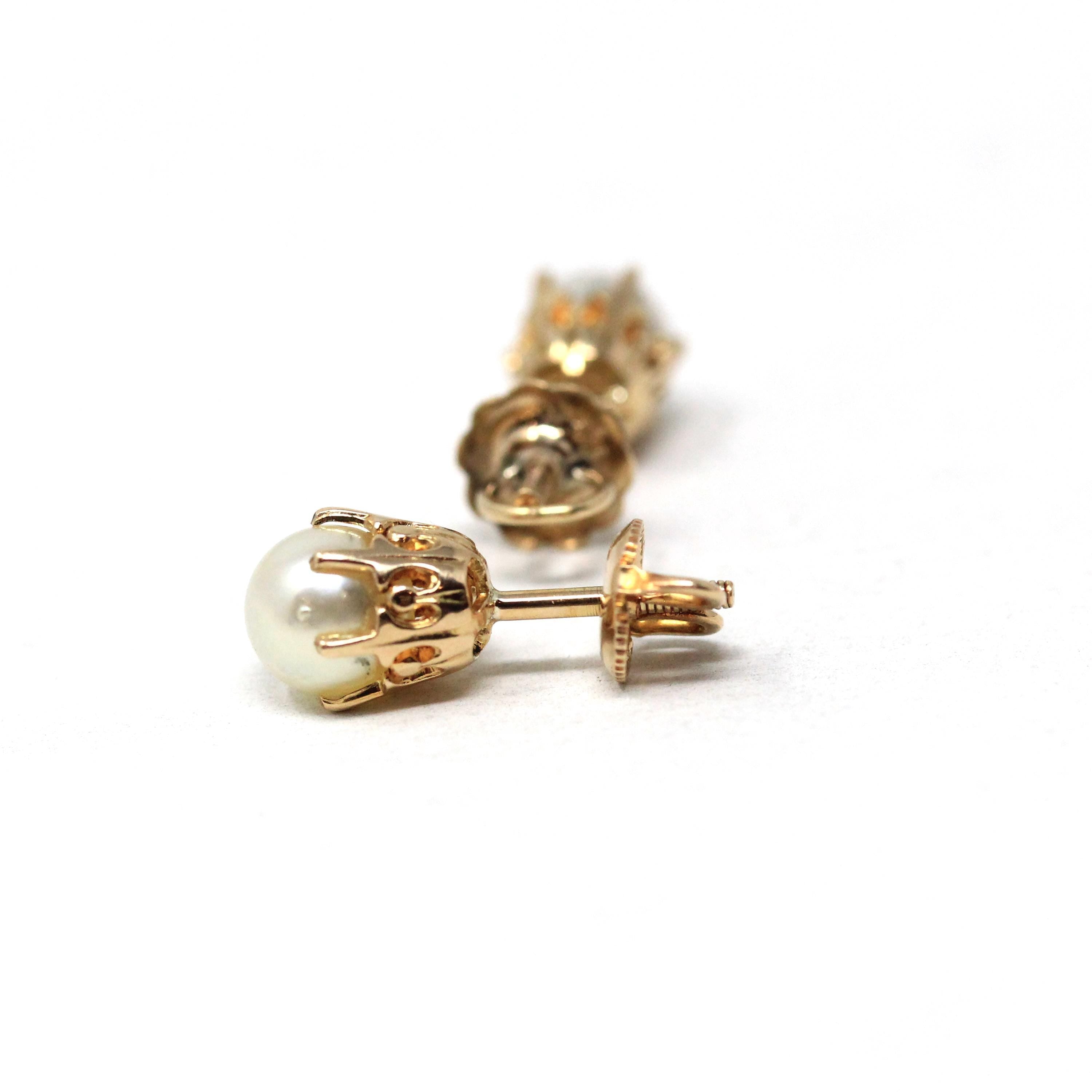 Vintage Cultured Pearl Earrings - Mid Century 10k Yellow Gold Round White Organic Gemstone Screw Backs - Circa 1940s Era BDA Fine Jewelry
