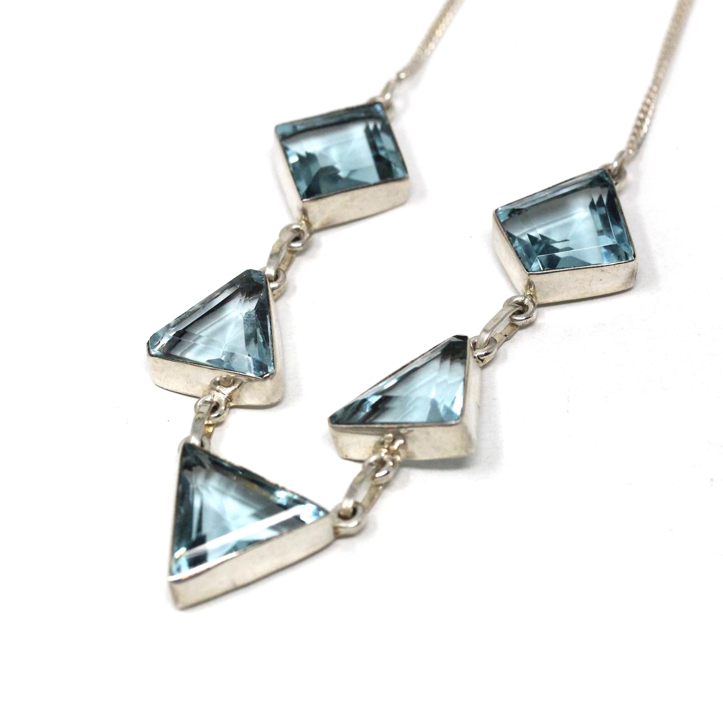 Modern Geometric Necklace - Estate Sterling Silver Simulated Blue Topaz Triangle Polygon - Circa 2000s Aquamarine Glass Station Fine Jewelry
