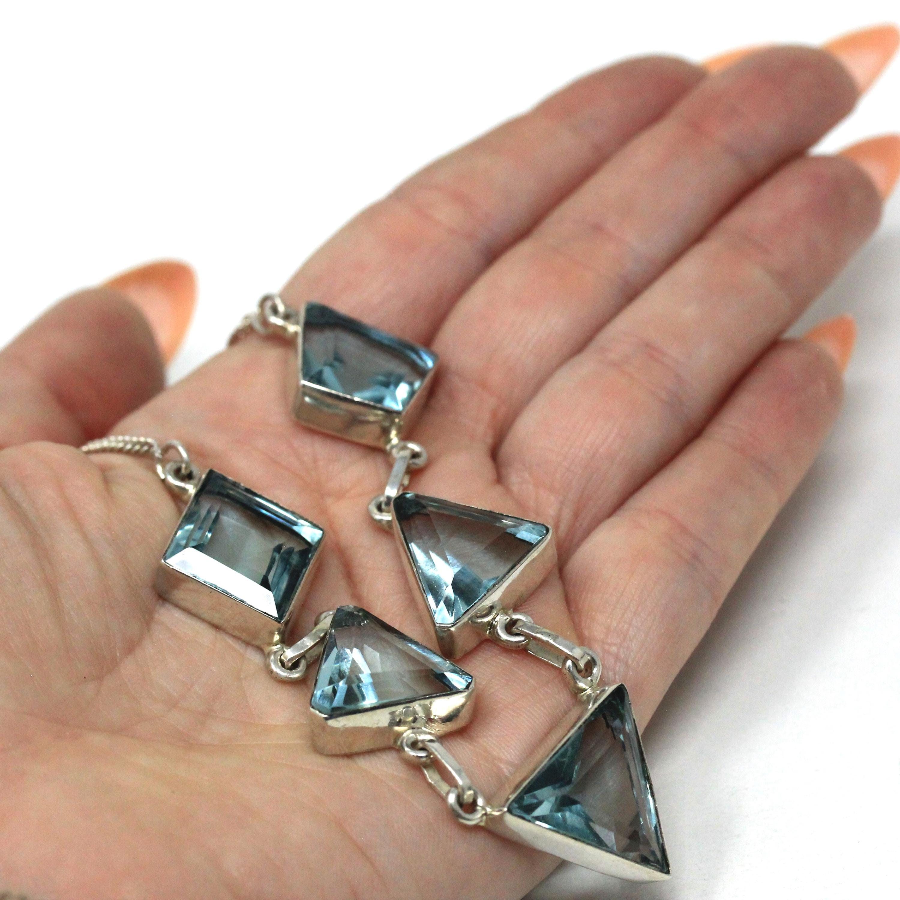 Modern Geometric Necklace - Estate Sterling Silver Simulated Blue Topaz Triangle Polygon - Circa 2000s Aquamarine Glass Station Fine Jewelry