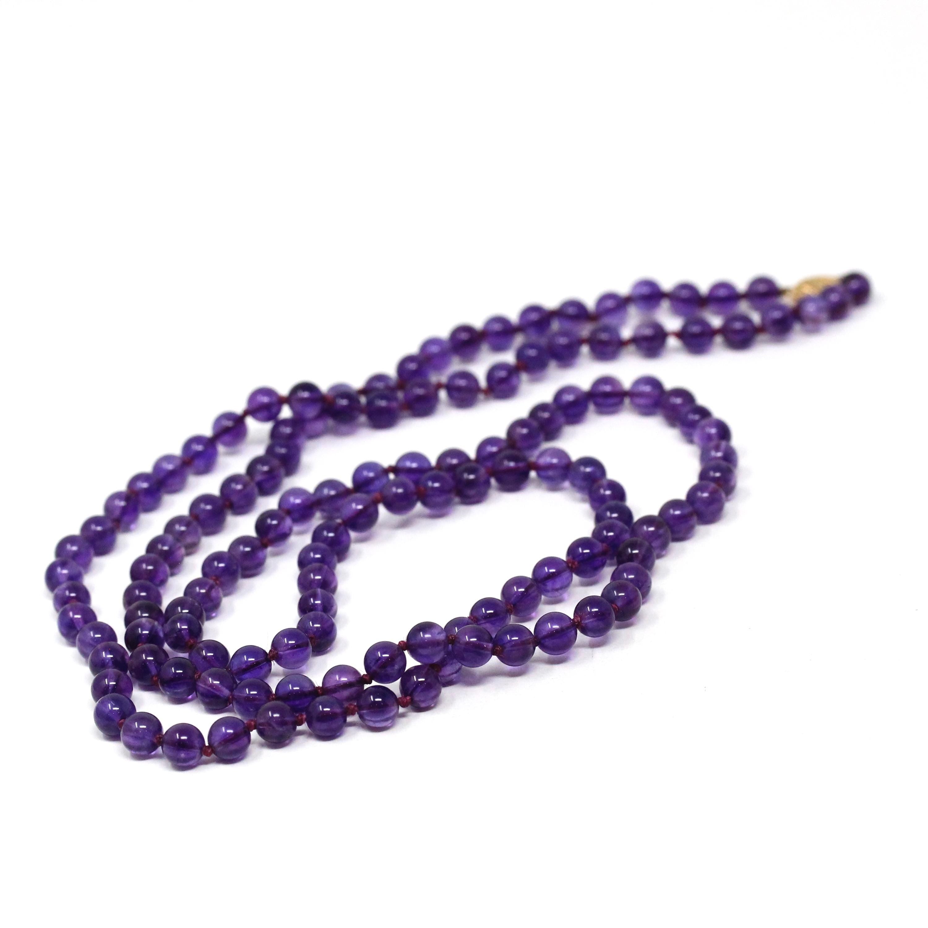 Vintage Amethyst Necklace - Retro Era 14k Yellow Gold Genuine Natural Purple Bead Chain - Circa 1960s Round Fish Hook Clasp Fine 60s Jewelry