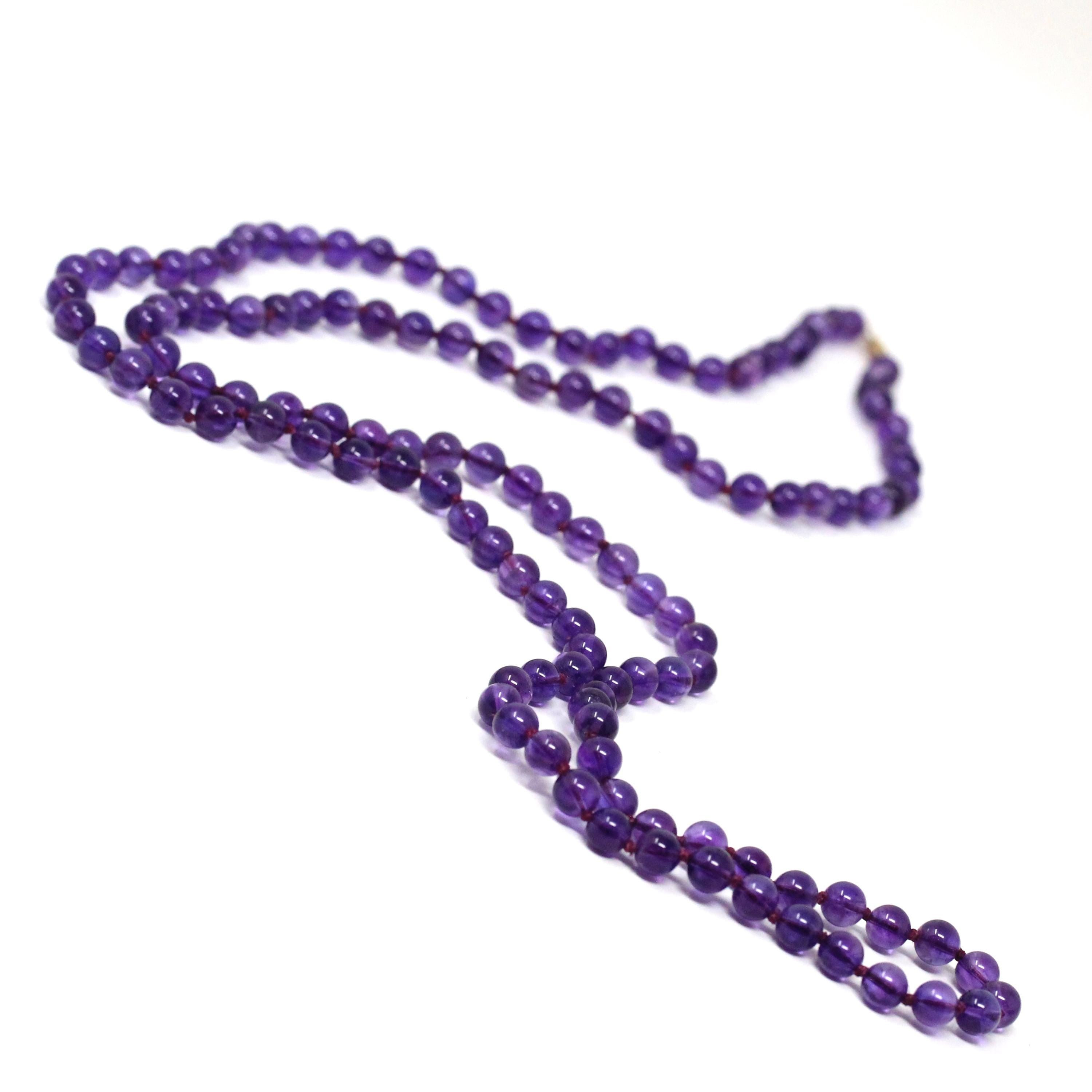 Vintage Amethyst Necklace - Retro Era 14k Yellow Gold Genuine Natural Purple Bead Chain - Circa 1960s Round Fish Hook Clasp Fine 60s Jewelry
