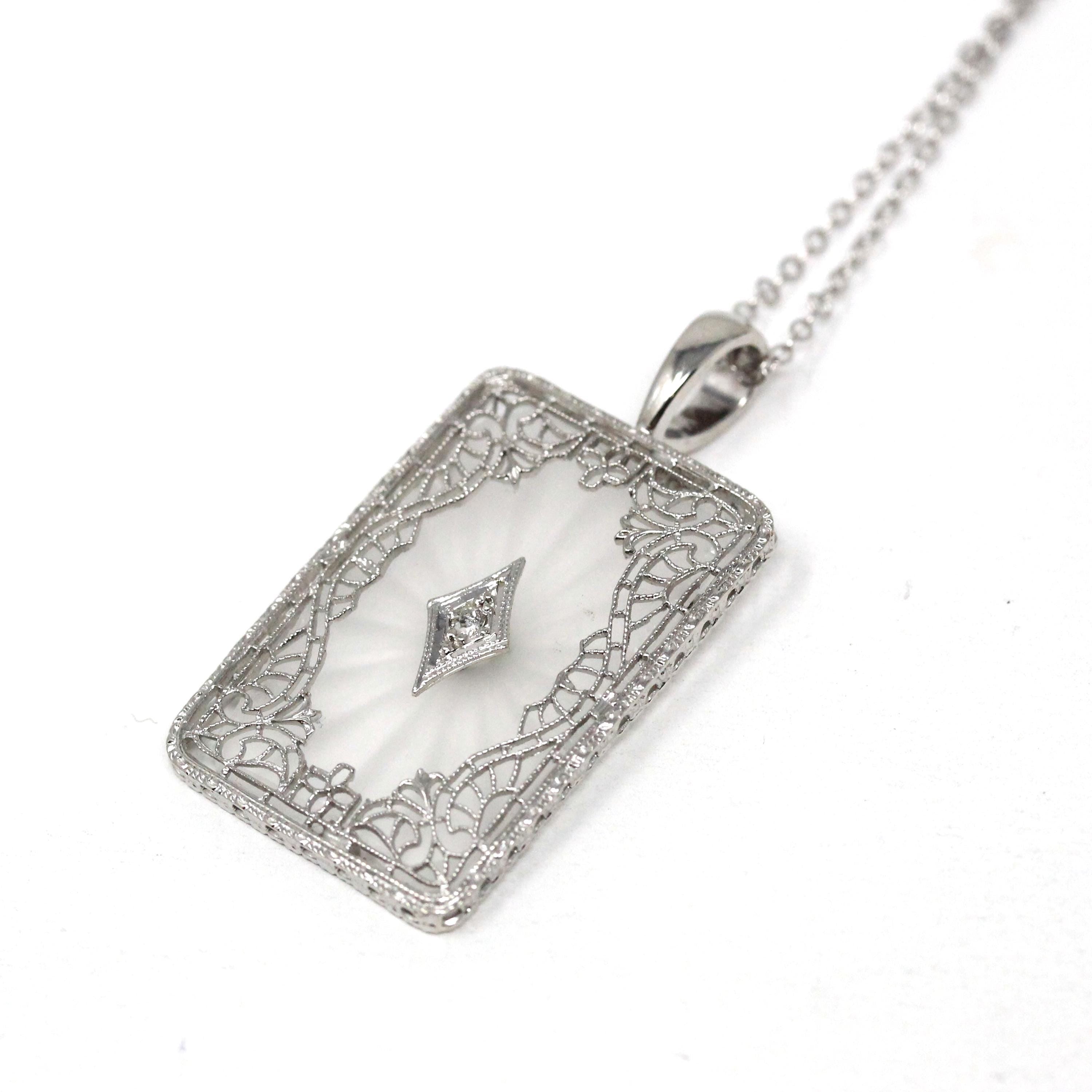 Rock Crystal Quartz Necklace - Art Deco 14k White Gold Genuine Diamond Pendant - Antique Circa 1920s Era Statement Filigree Fine 20s Jewelry