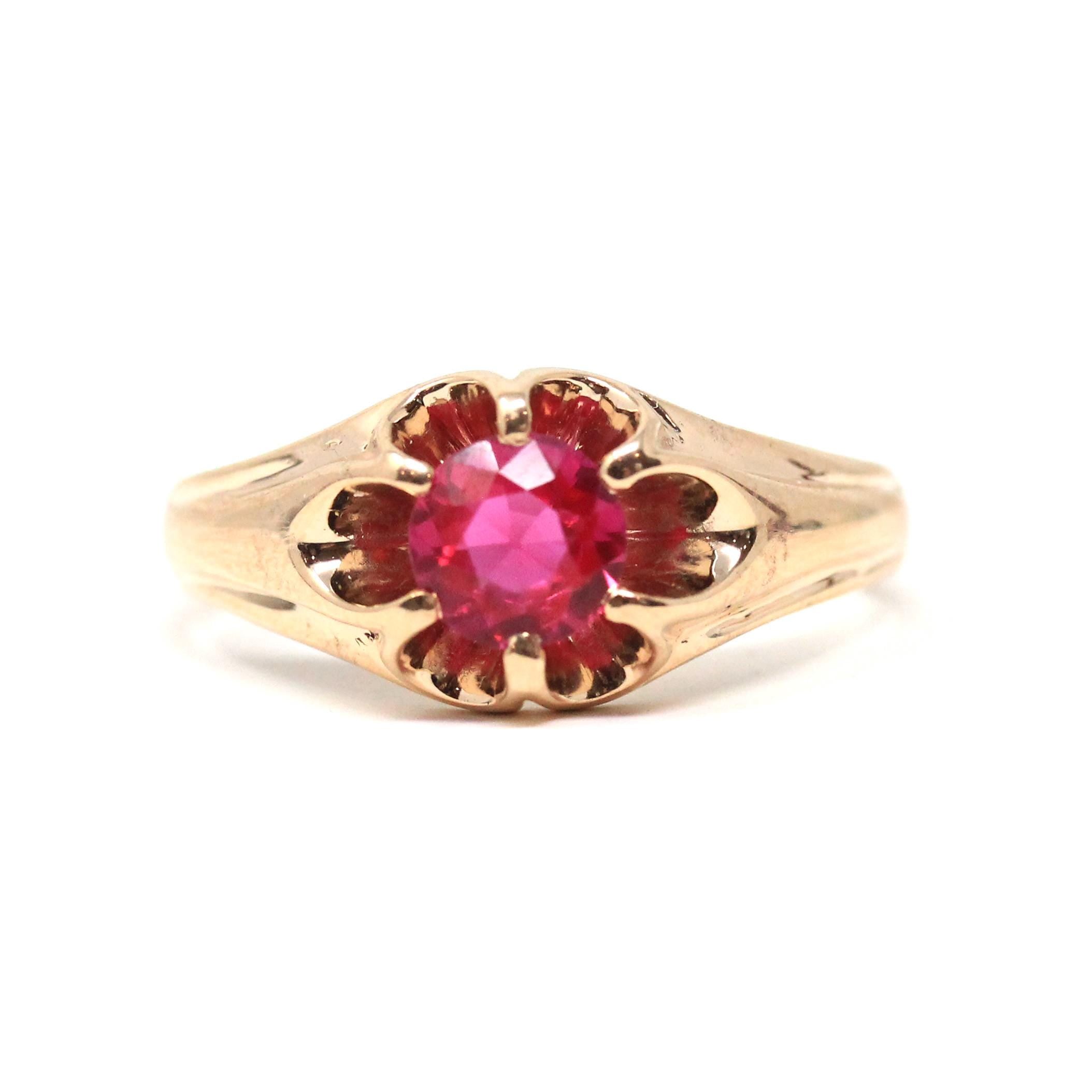 Ruby Belcher Ring - Mid Century 10k Yellow Gold Round Faceted Created Gem - Vintage Circa 1940s Era Size 10 Fine July Birthstone Jewelry