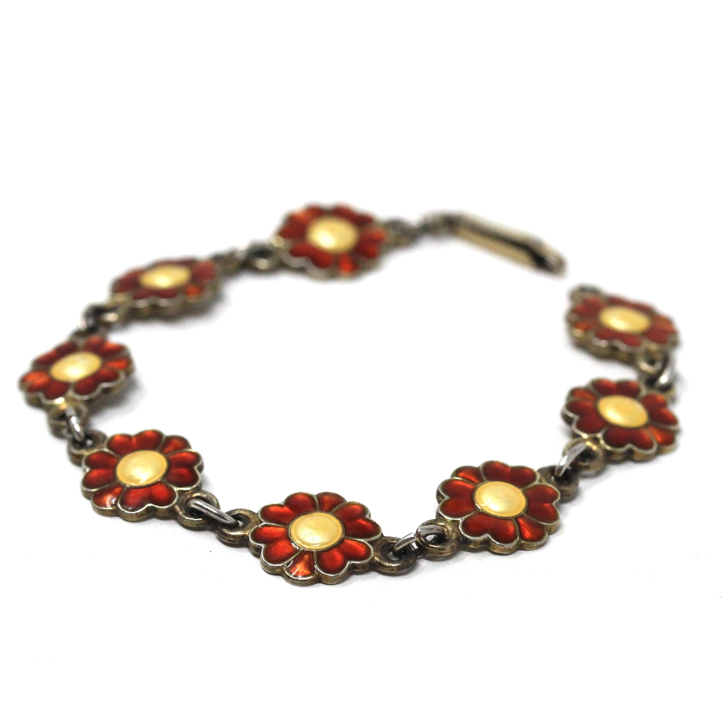 Guilloche Enamel Bracelet - Vintage Silver Orange Yellow Flower Panel Links - Circa 1940s Signed Einar Modahl Collectible Norwegian Jewelry