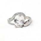 Created Spinel Ring - Retro 10k White Gold Oval Faceted White Stone - Vintage Circa 1960s Era Size 5 3/4 Fine Simulated Diamond Jewelry