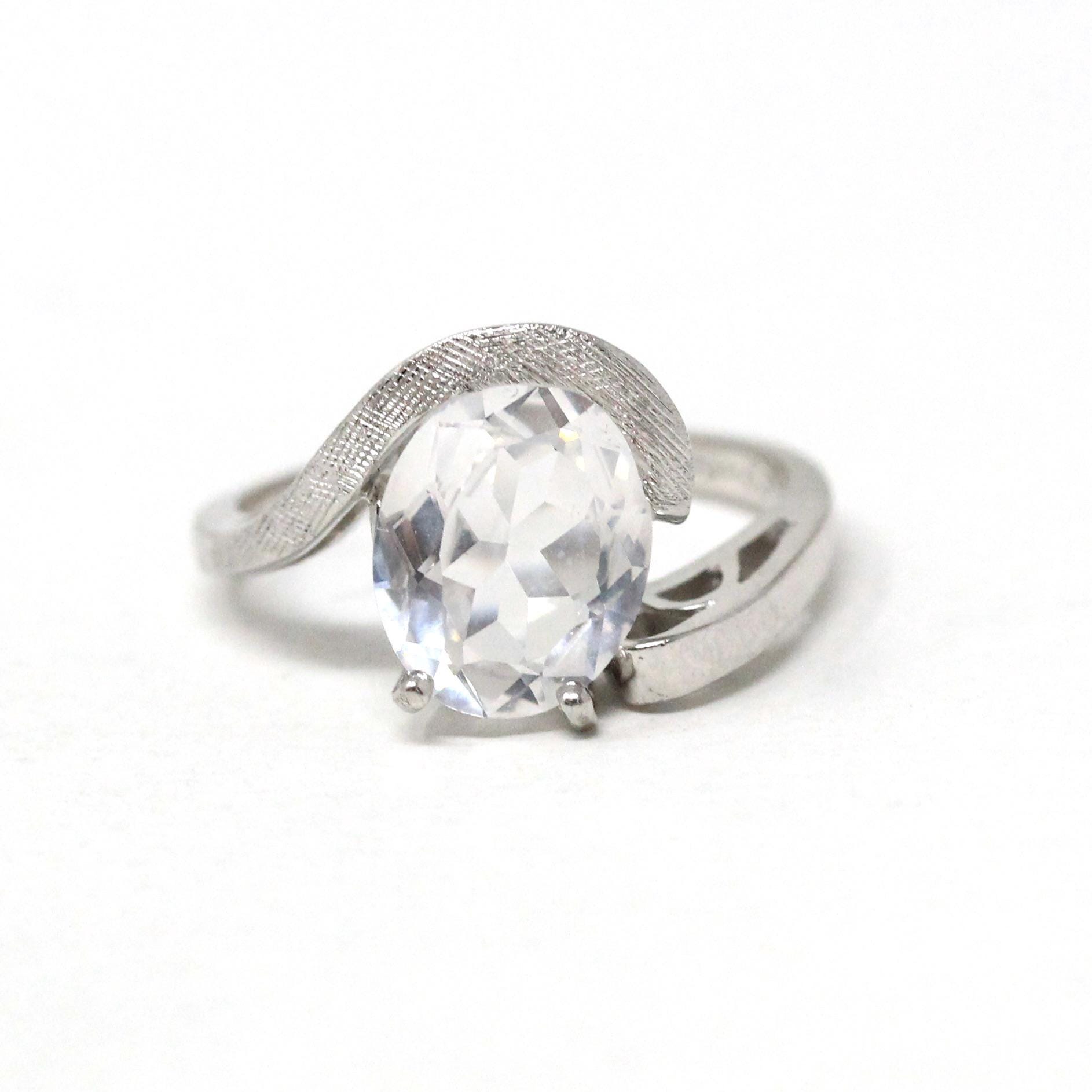 Created Spinel Ring - Retro 10k White Gold Oval Faceted White Stone - Vintage Circa 1960s Era Size 5 3/4 Fine Simulated Diamond Jewelry
