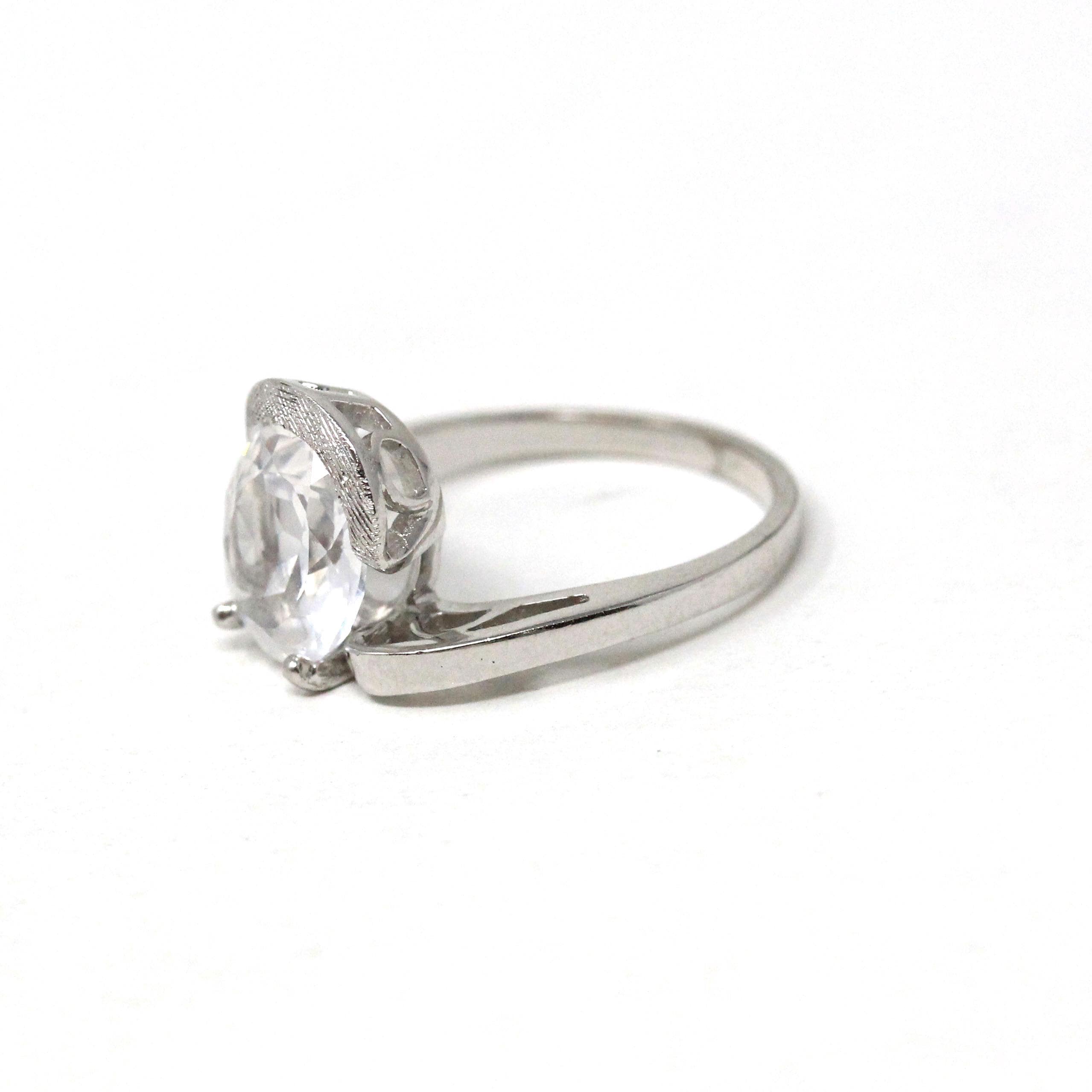 Created Spinel Ring - Retro 10k White Gold Oval Faceted White Stone - Vintage Circa 1960s Era Size 5 3/4 Fine Simulated Diamond Jewelry