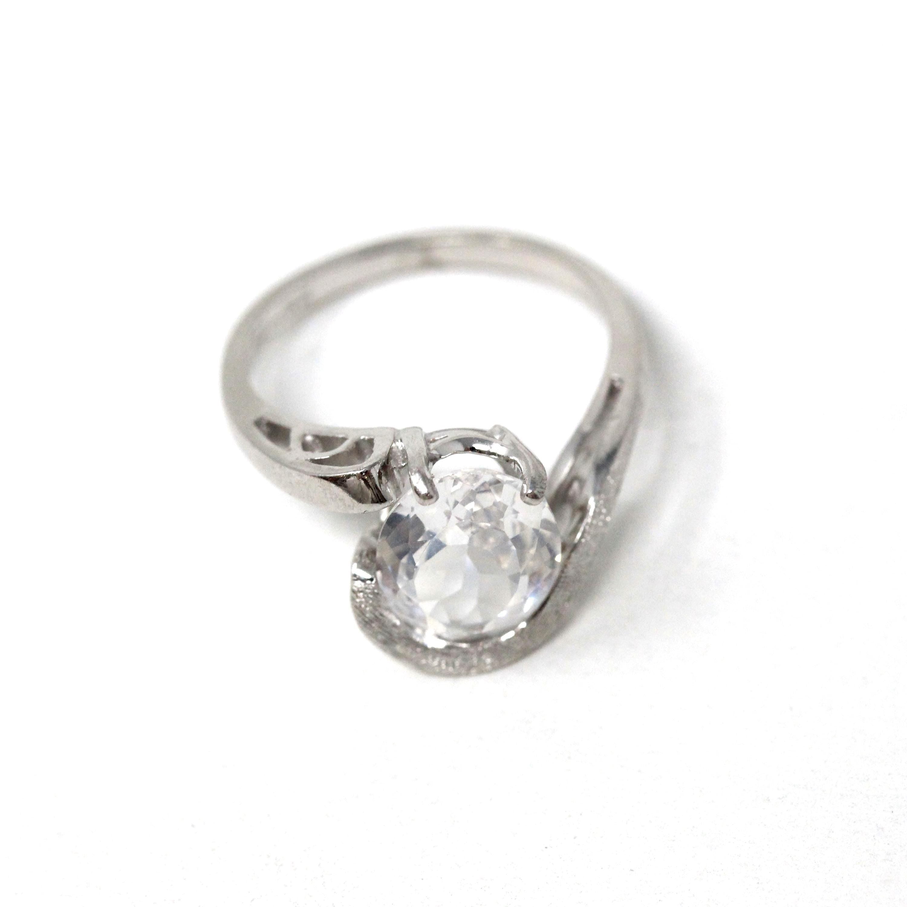 Created Spinel Ring - Retro 10k White Gold Oval Faceted White Stone - Vintage Circa 1960s Era Size 5 3/4 Fine Simulated Diamond Jewelry