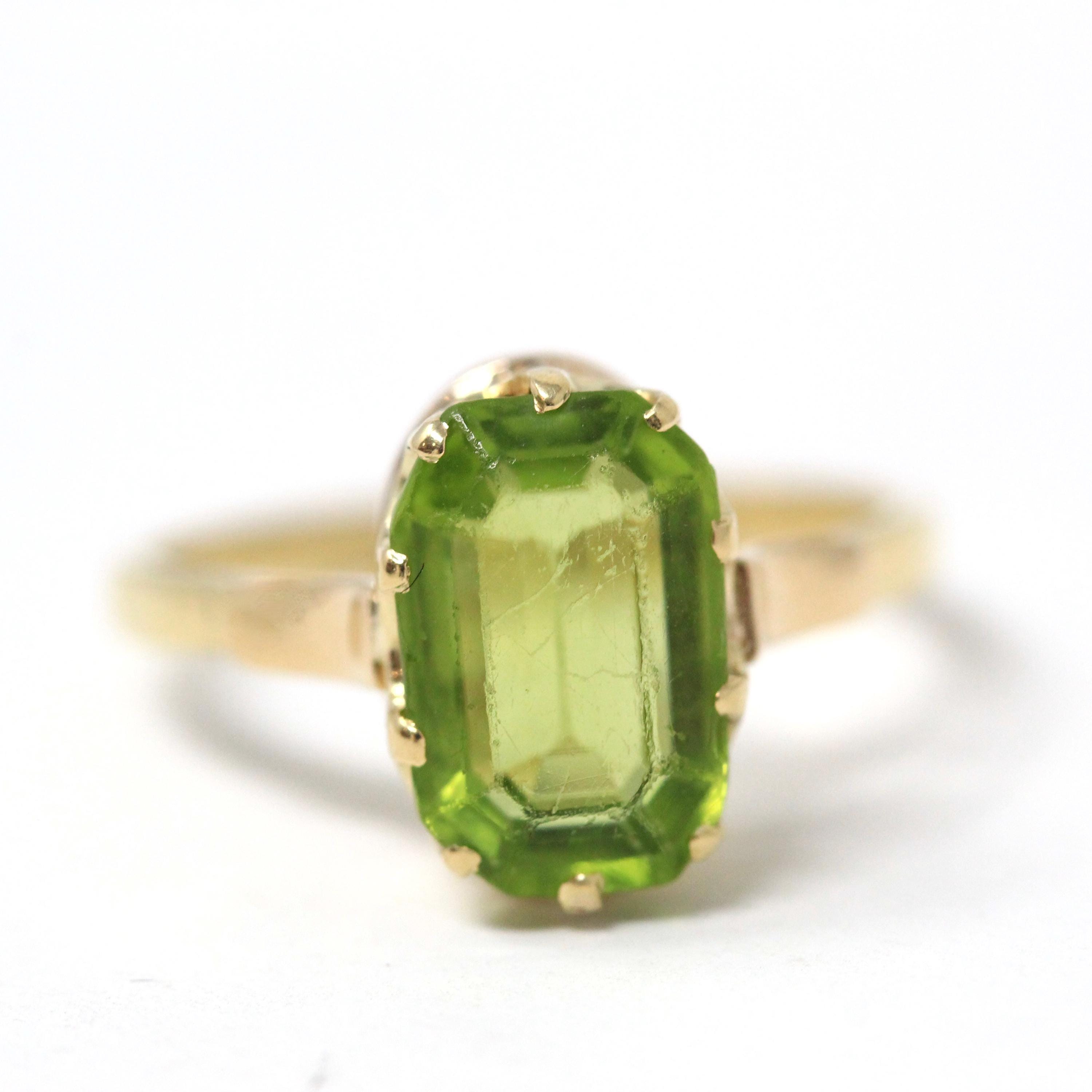 Natural Peridot Ring - Edwardian 14k Yellow Gold 1.24 CT Green Gemstone - Antique Circa 1910s Era Size 6 1/4 August Birthstone Fine Jewelry