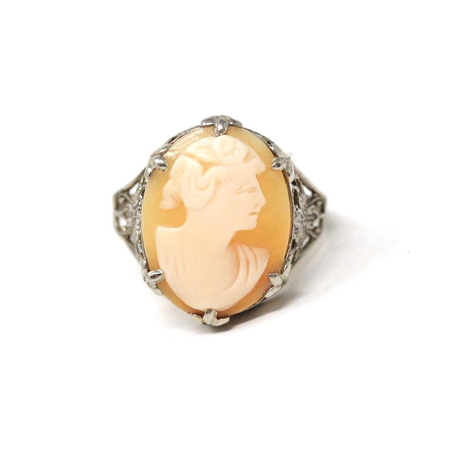 Vintage Cameo Ring - Art Deco 10k White Gold Carved Shell Filigree - Circa 1930s Era Size 6 Woman Portrait Flower Statement Fine Jewelry