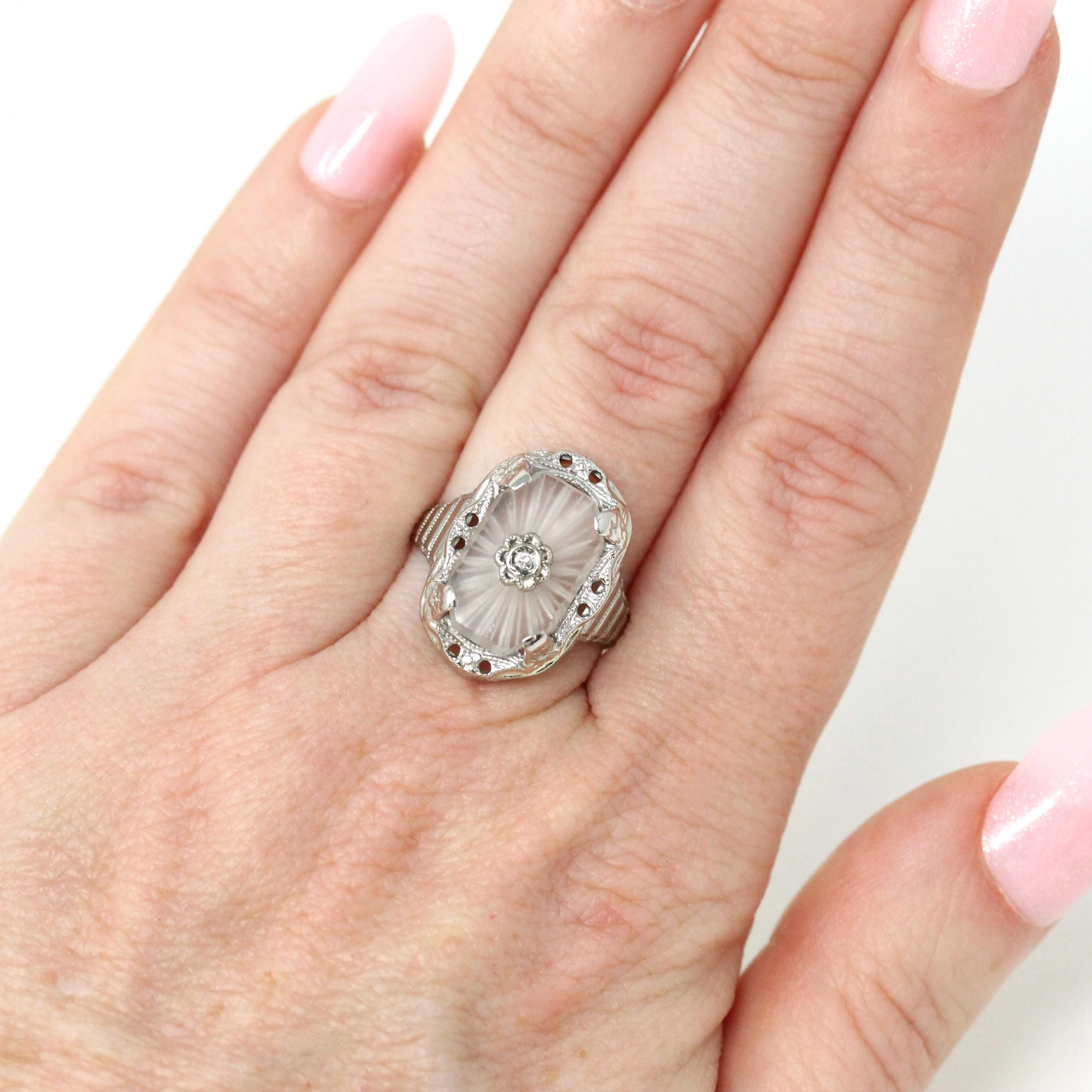 Rock Crystal Quartz Ring - Art Deco 14k White Gold Genuine Diamond Gemstone - Vintage Circa 1930 Size 6 3/4 Filigree Floral Fine 30s Jewelry