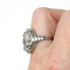 Rock Crystal Quartz Ring - Art Deco 14k White Gold Genuine Diamond Gemstone - Vintage Circa 1930 Size 6 3/4 Filigree Floral Fine 30s Jewelry