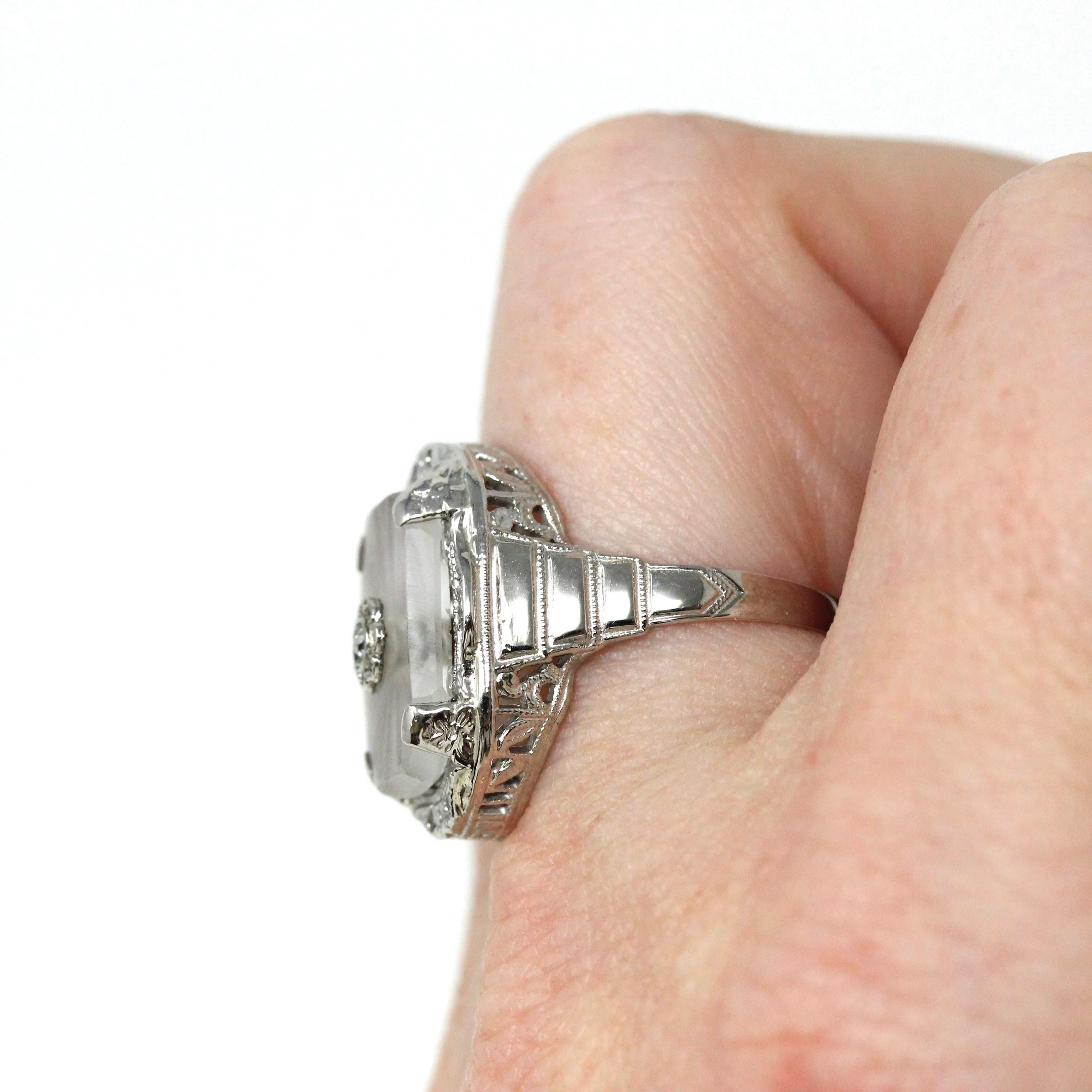 Rock Crystal Quartz Ring - Art Deco 14k White Gold Genuine Diamond Gemstone - Vintage Circa 1930 Size 6 3/4 Filigree Floral Fine 30s Jewelry