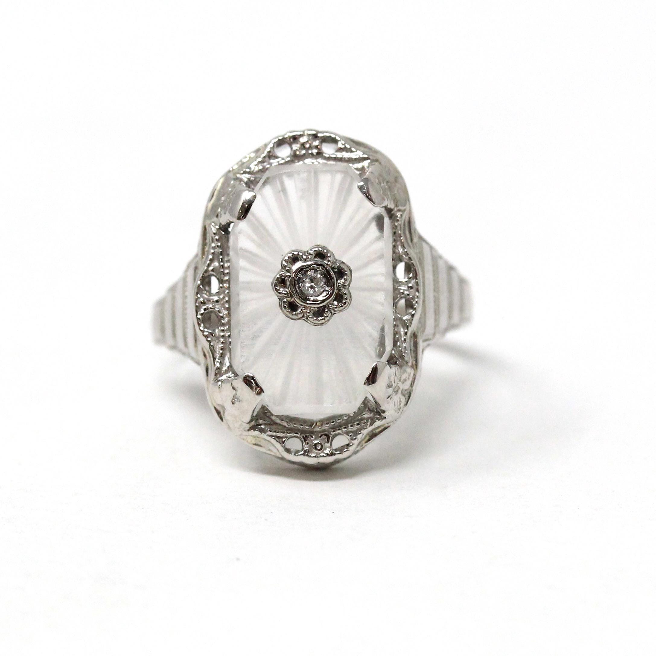 Rock Crystal Quartz Ring - Art Deco 14k White Gold Genuine Diamond Gemstone - Vintage Circa 1930 Size 6 3/4 Filigree Floral Fine 30s Jewelry