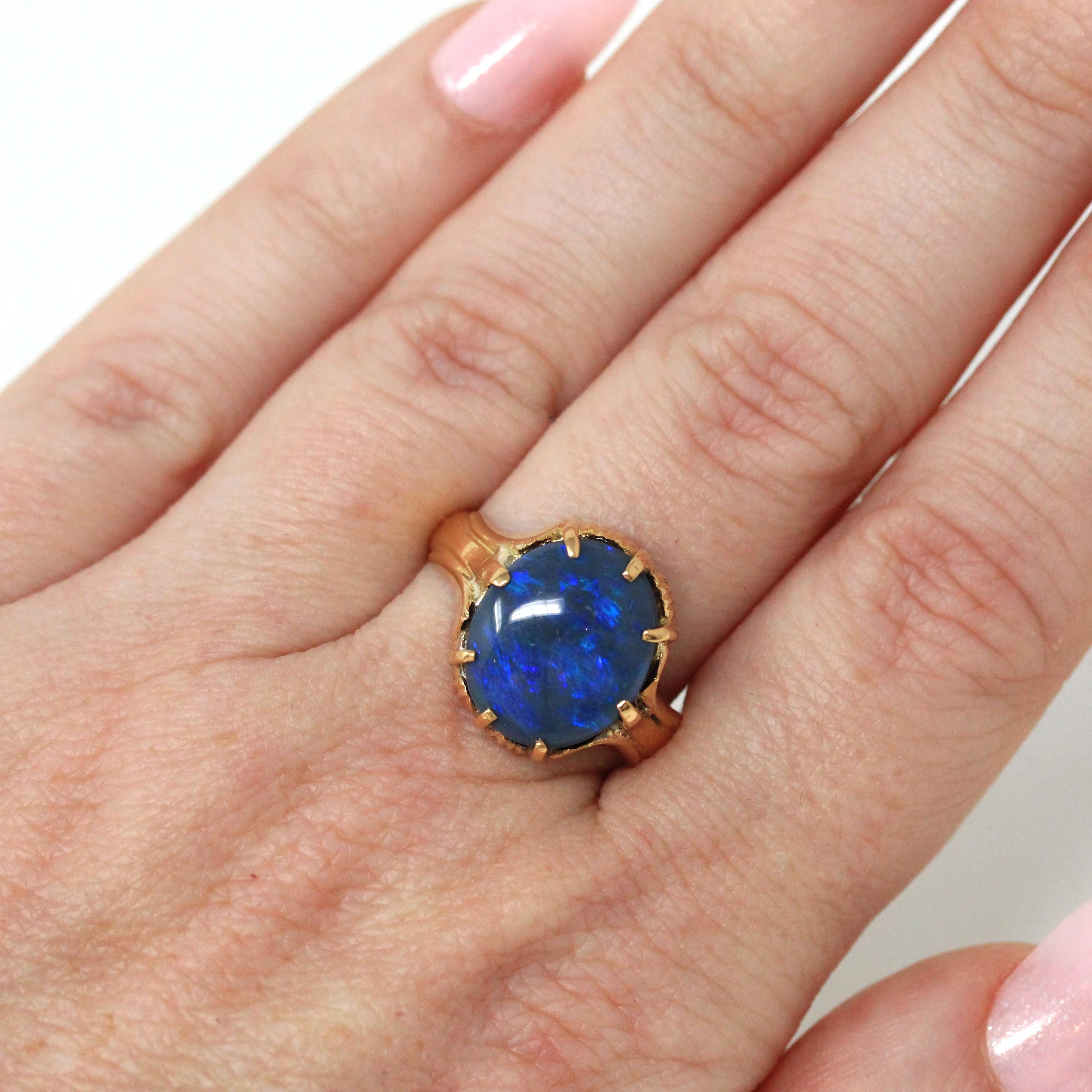 Dark Gray Opal Ring - Estate 18k Yellow Gold Oval Cabochon Cut 3.45 CT Gem - Modern Circa 1990s Size 7 3/4 October Birthstone Fine Jewelry