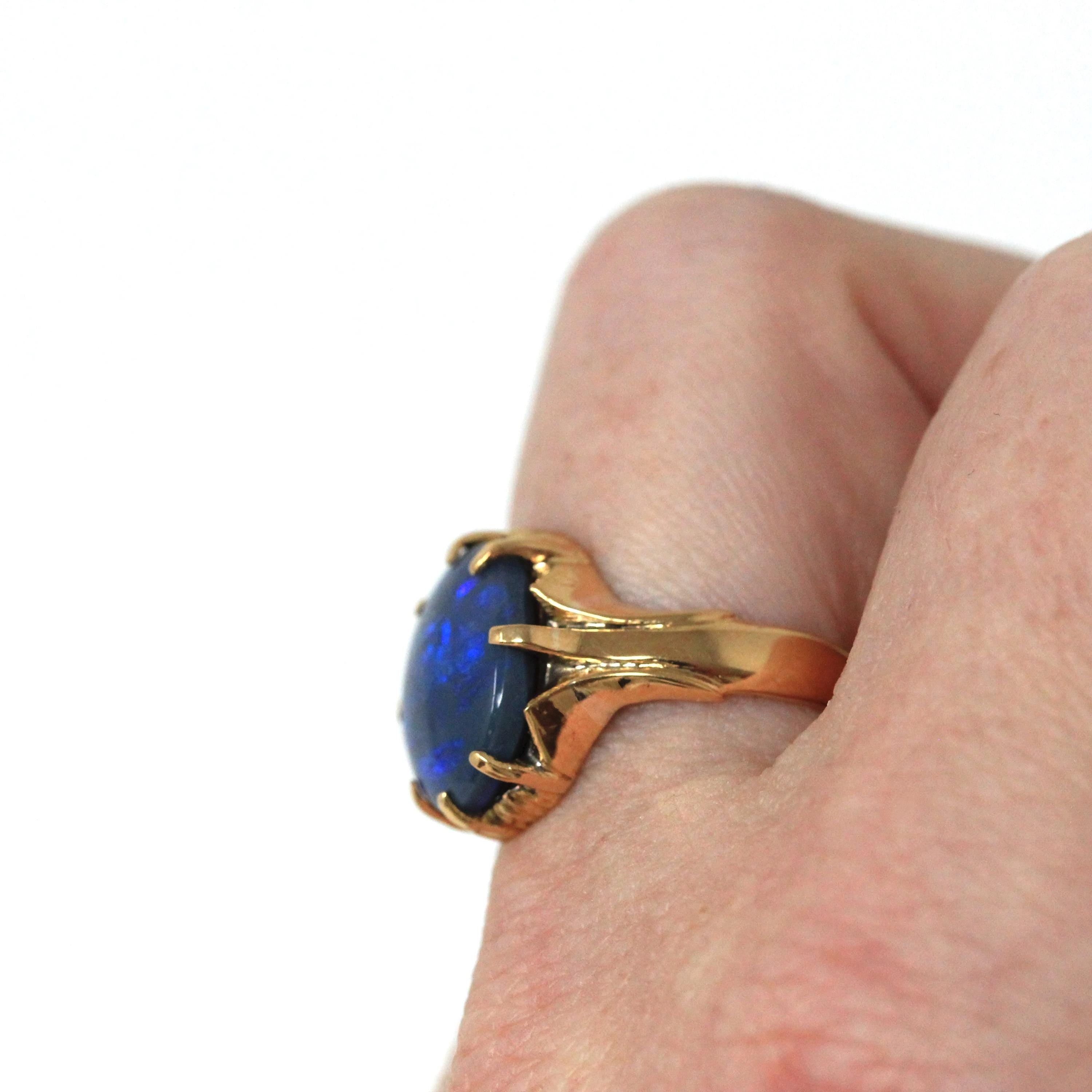 Dark Gray Opal Ring - Estate 18k Yellow Gold Oval Cabochon Cut 3.45 CT Gem - Modern Circa 1990s Size 7 3/4 October Birthstone Fine Jewelry