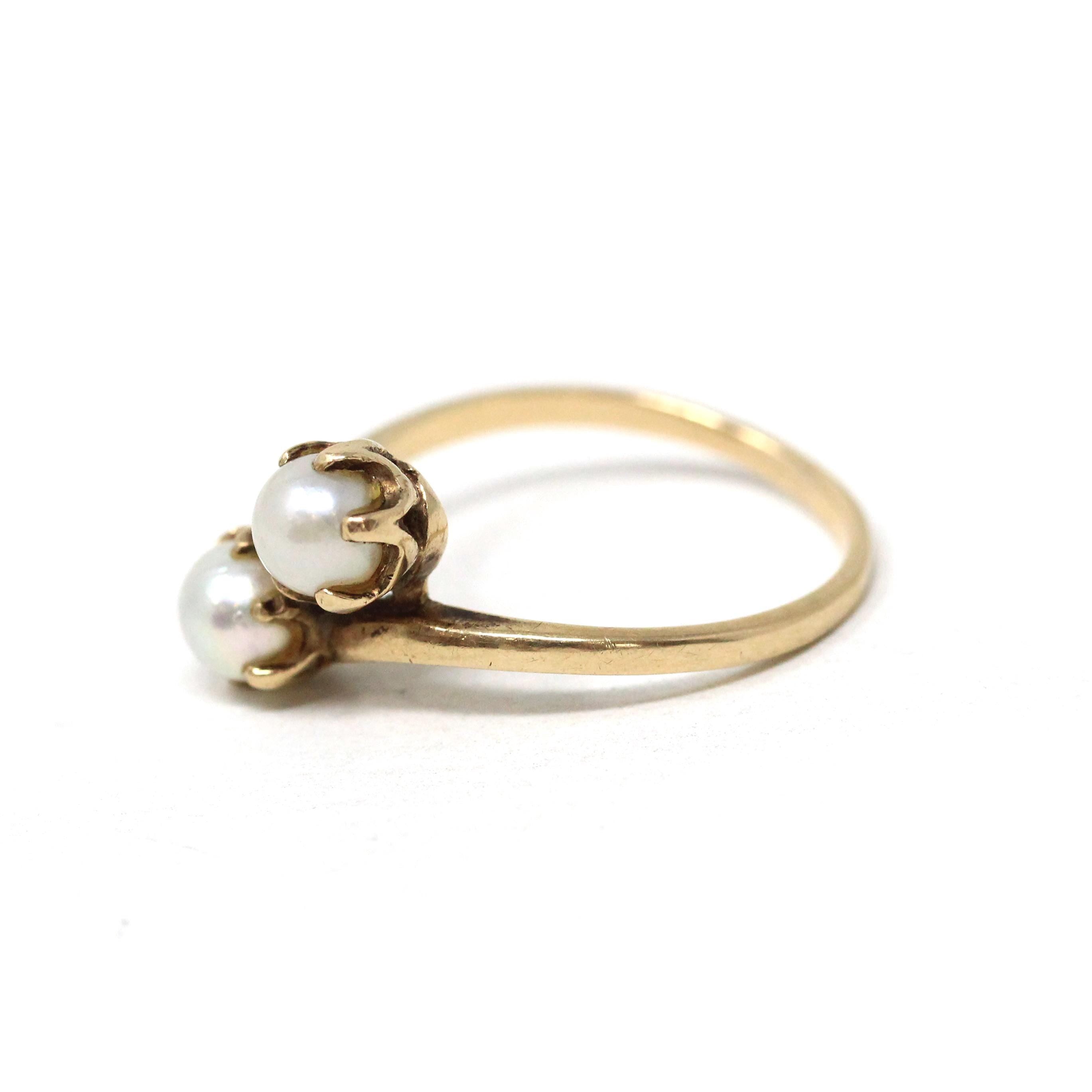 Cultured Pearl Ring - Mid Century 10k Yellow Gold Toi Et Moi Two Gem Bypass - Vintage Circa 1940s Size 6 3/4 June Birthstone B&F Jewelry