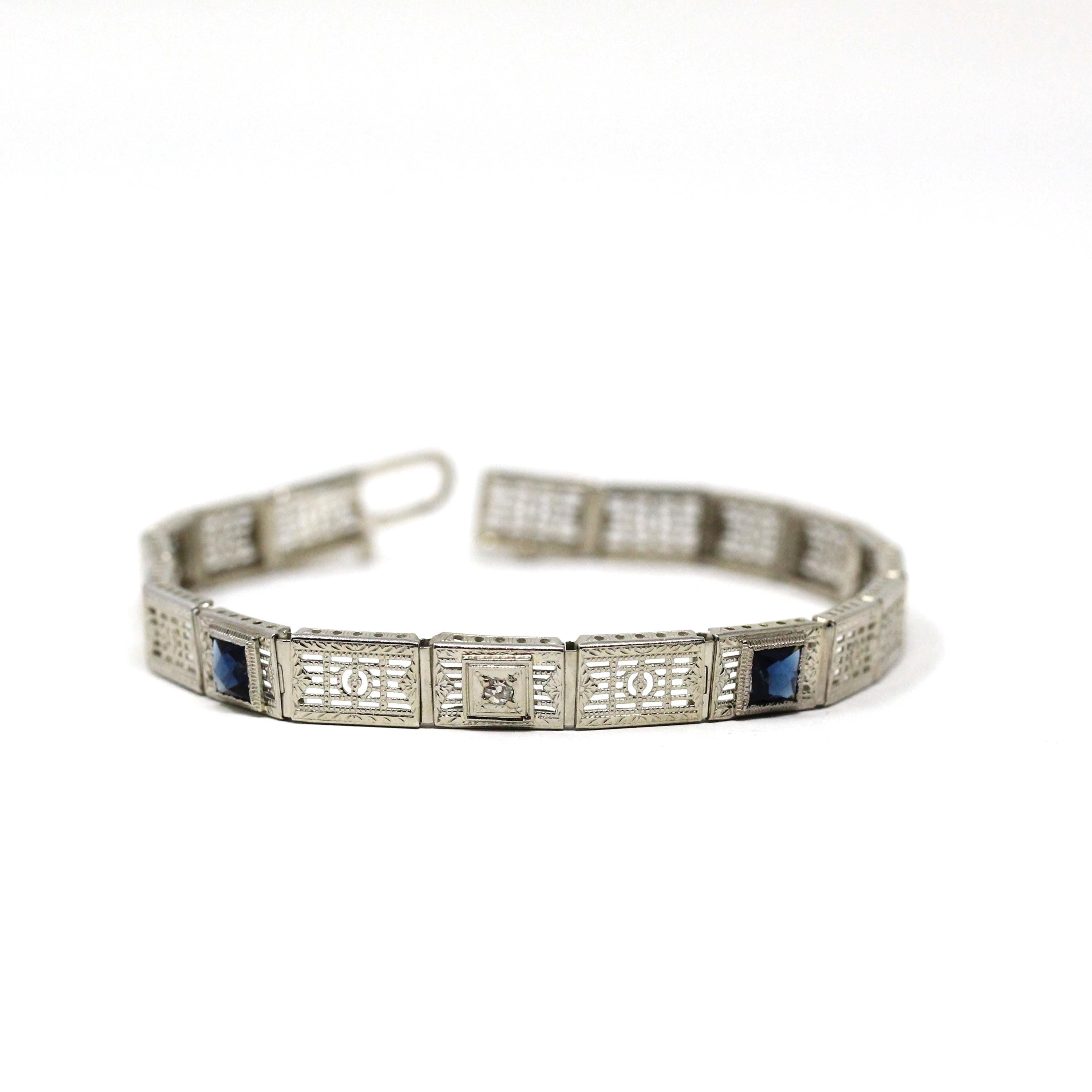 Art Deco Bracelet - Vintage 14k White Gold Simulated Sapphire Blue Glass & Diamonds - Circa 1930s Era Line Tennis Fashion Accessory Jewelry