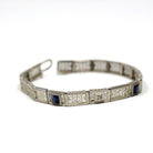 Art Deco Bracelet - Vintage 14k White Gold Simulated Sapphire Blue Glass & Diamonds - Circa 1930s Era Line Tennis Fashion Accessory Jewelry