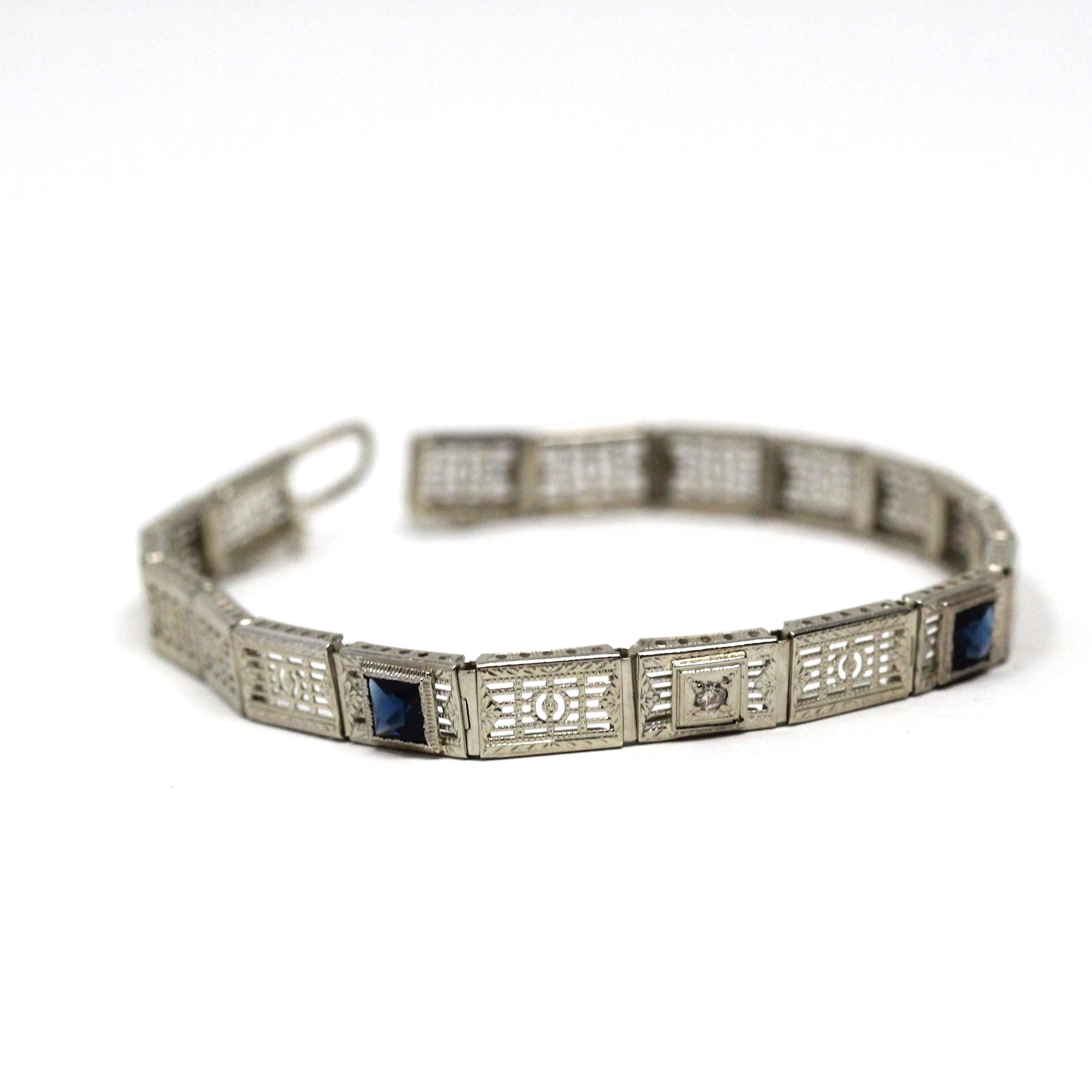 Art Deco Bracelet - Vintage 14k White Gold Simulated Sapphire Blue Glass & Diamonds - Circa 1930s Era Line Tennis Fashion Accessory Jewelry