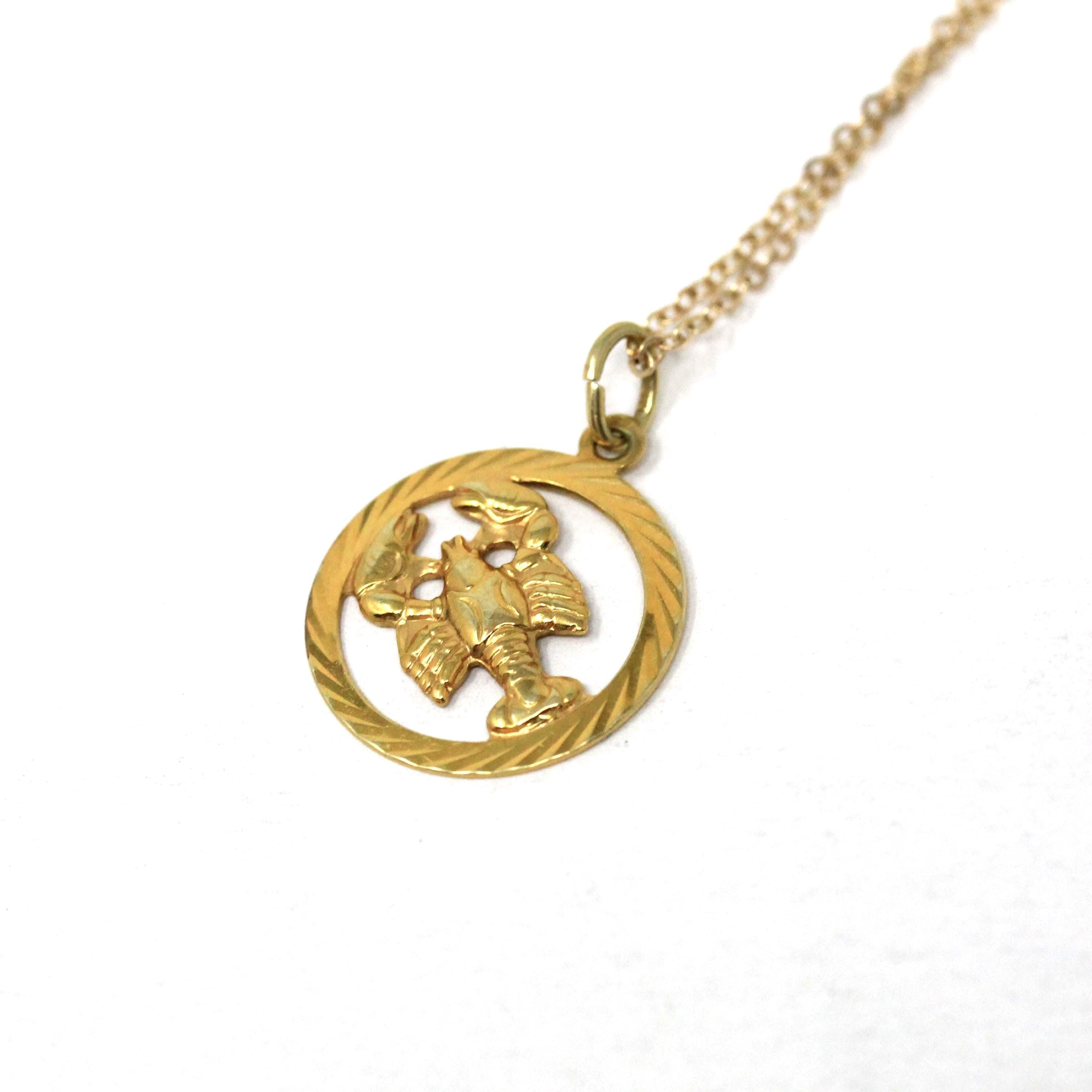 Modern Lobster Charm - Detailed 14k Yellow Gold Marine Crustacean Pendant Dainty Necklace - Circa 2000's Era Aquatic Beach Sea Fine Jewelry
