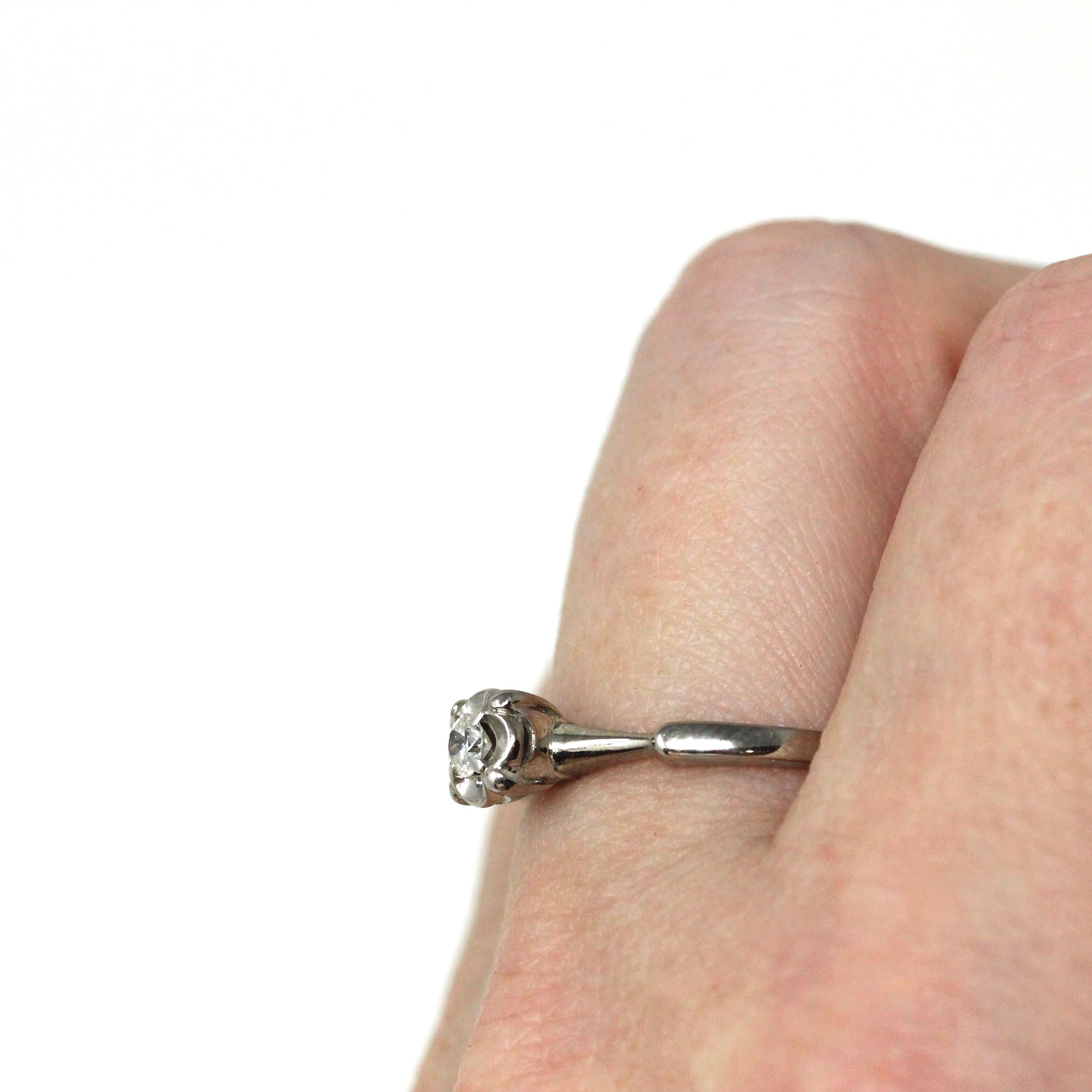 Mid Century Ring - Vintage 18k White Gold Solitaire Diamond Engagement - Circa 1950s Era Size 7 1/4 Illusion Head Fine Statement Jewelry