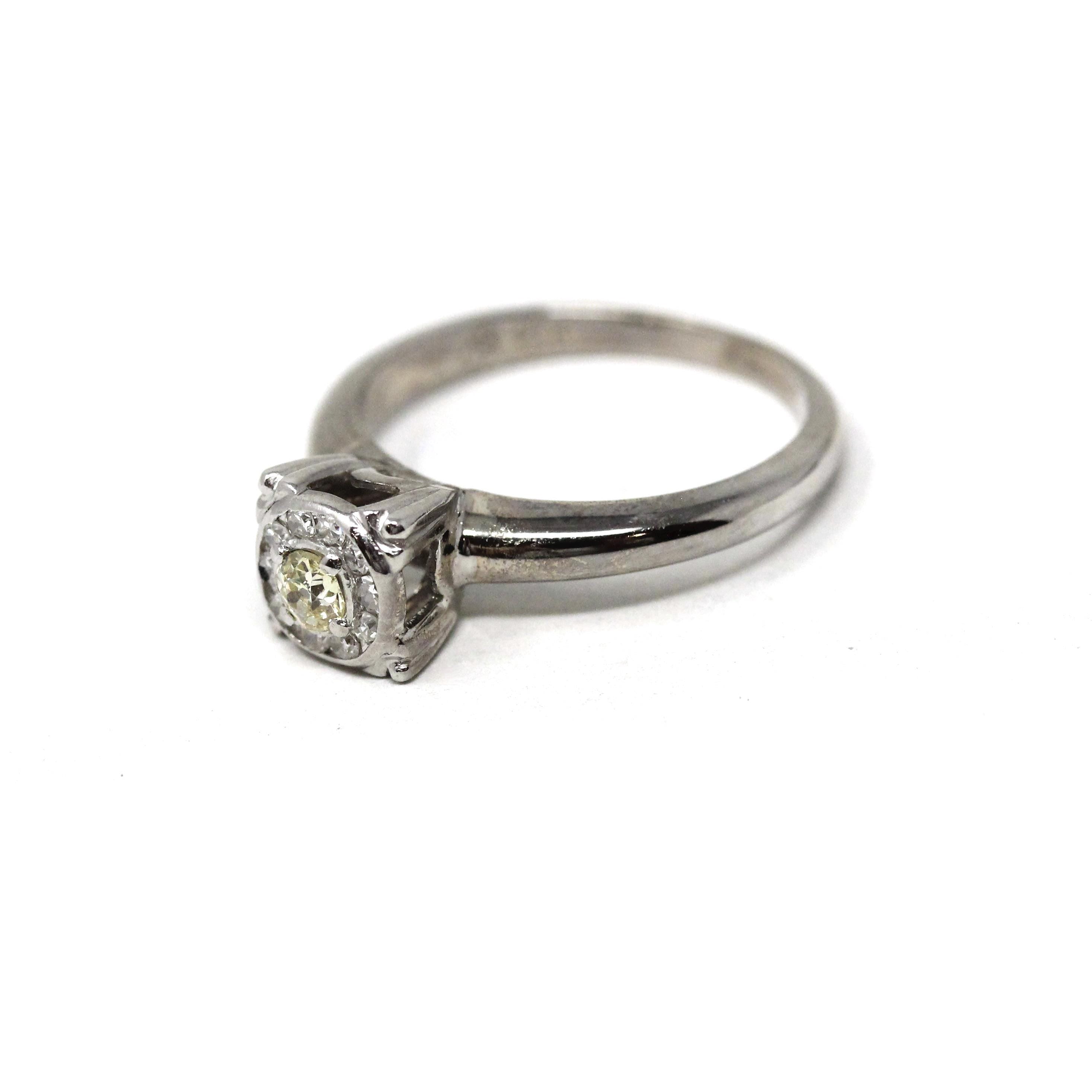 Illusion Halo Ring - Vintage 14k White Gold Natural Diamond Cluster Engagement - Mid Century Circa 1950s Era Size 5 1/4 Fine Bridal Jewelry