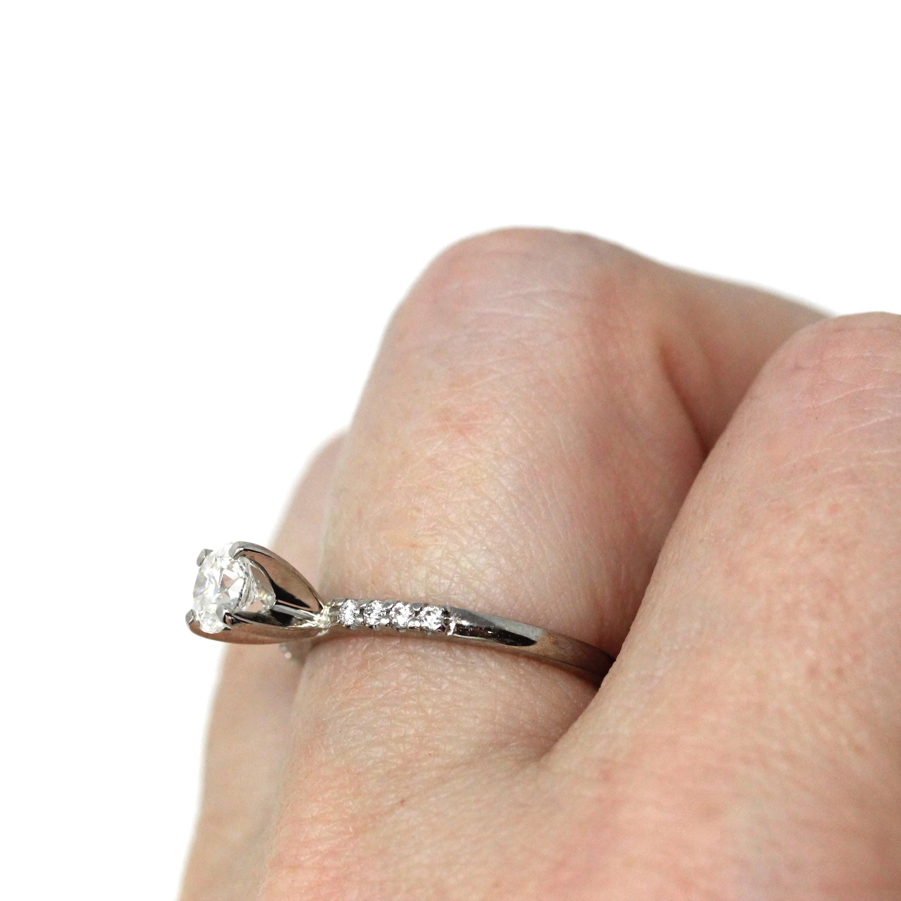 Diamond Engagement Ring - Modern 14k White Gold Natural Round Brilliant Cut Gems - Vintage Estate Era Size 5 Bridal Fine Statement Jewelry