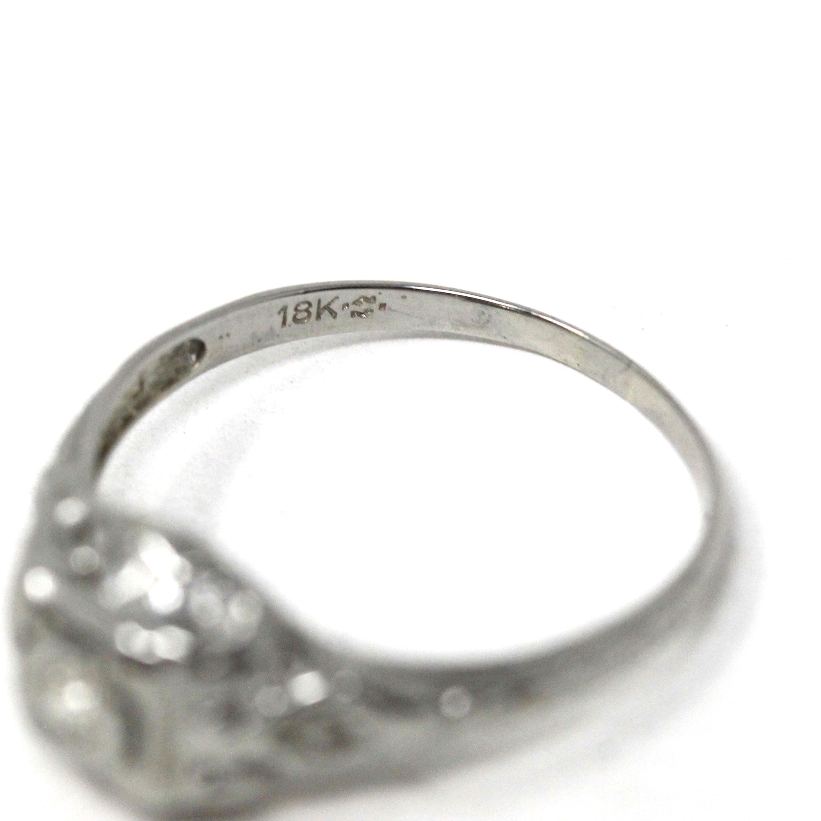 Vintage Diamond Ring - Art Deco 18k White Gold Natural Old European Solitaire Engagement - Circa 1930s Era Size 7 1/4 Filigree Fine Jewelry