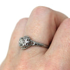 Vintage Diamond Ring - Art Deco 18k White Gold Natural Old European Solitaire Engagement - Circa 1930s Era Size 7 1/4 Filigree Fine Jewelry