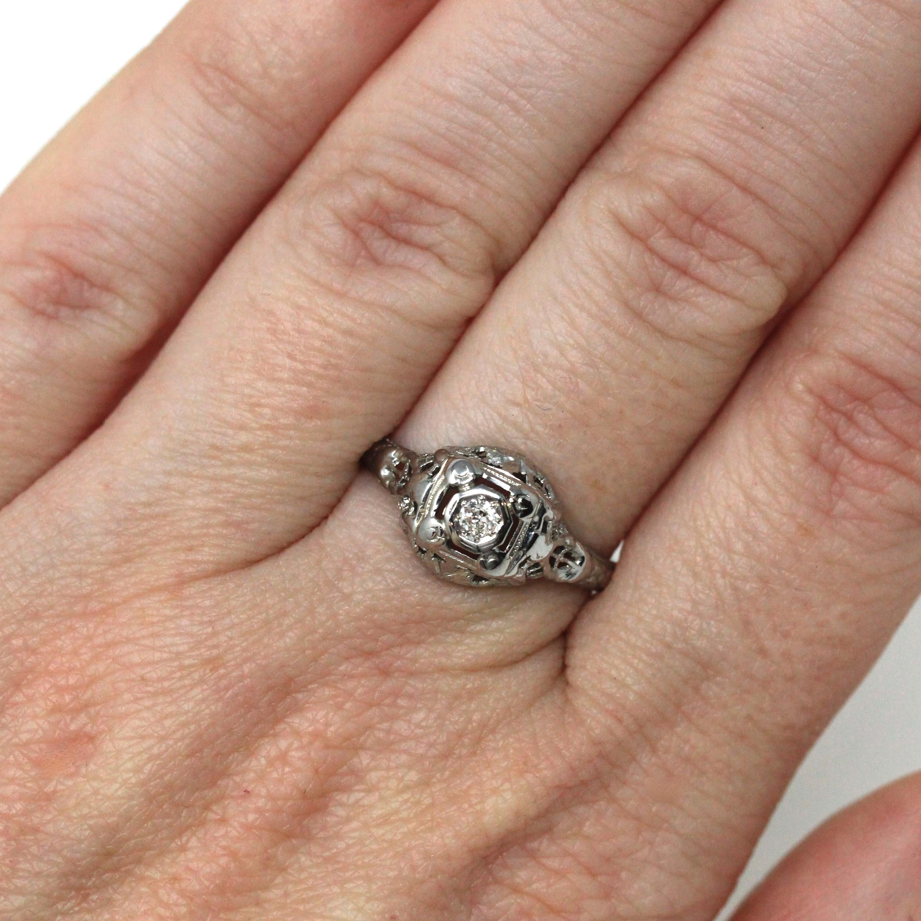 Vintage Diamond Ring - Art Deco 18k White Gold Natural Old European Solitaire Engagement - Circa 1930s Era Size 7 1/4 Filigree Fine Jewelry