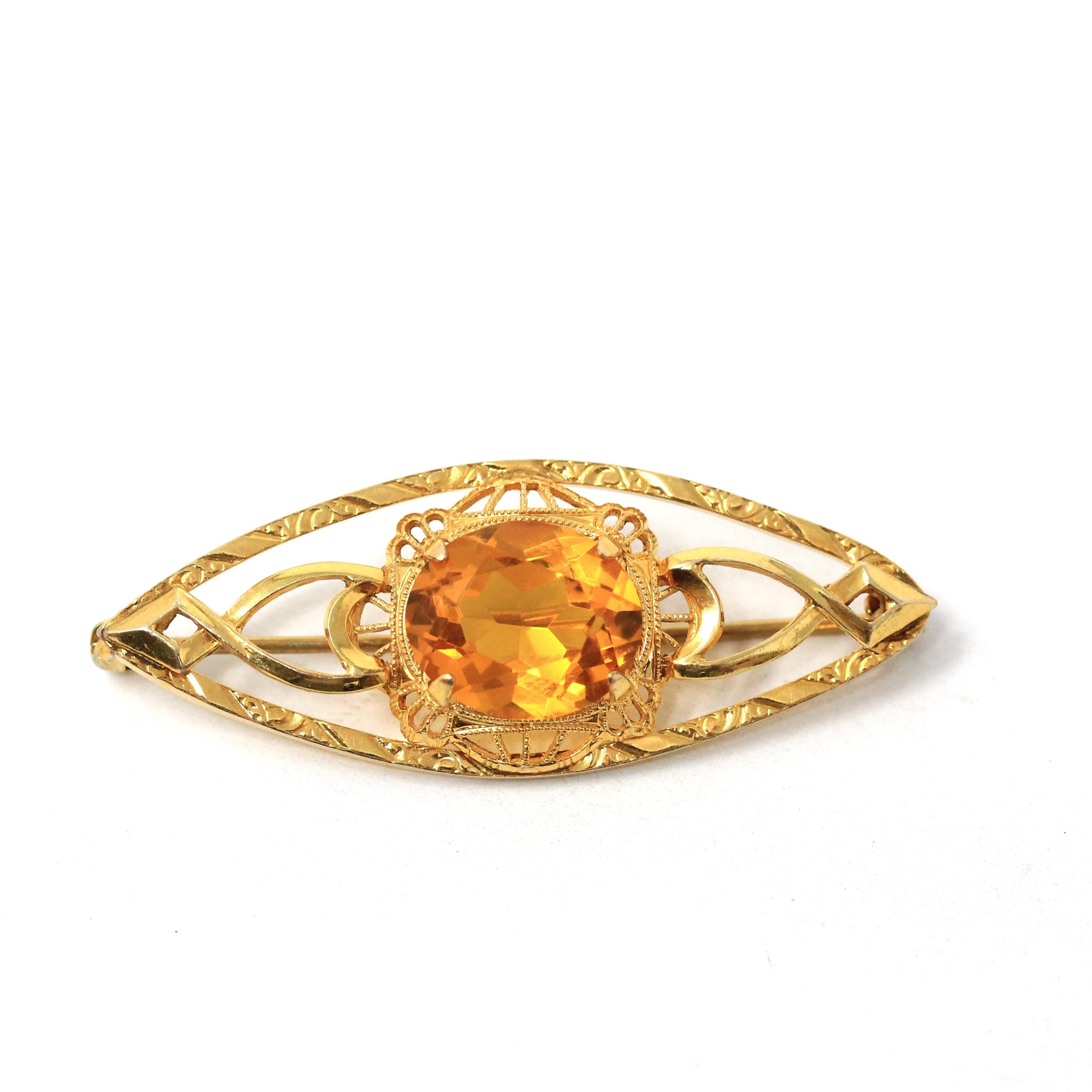 Simulated Citrine Brooch - Art Deco Gold Filled Vintage Yellow Glass Gemstone Pin - Circa Late 1930s Era Accessory Statement Fashion Jewelry