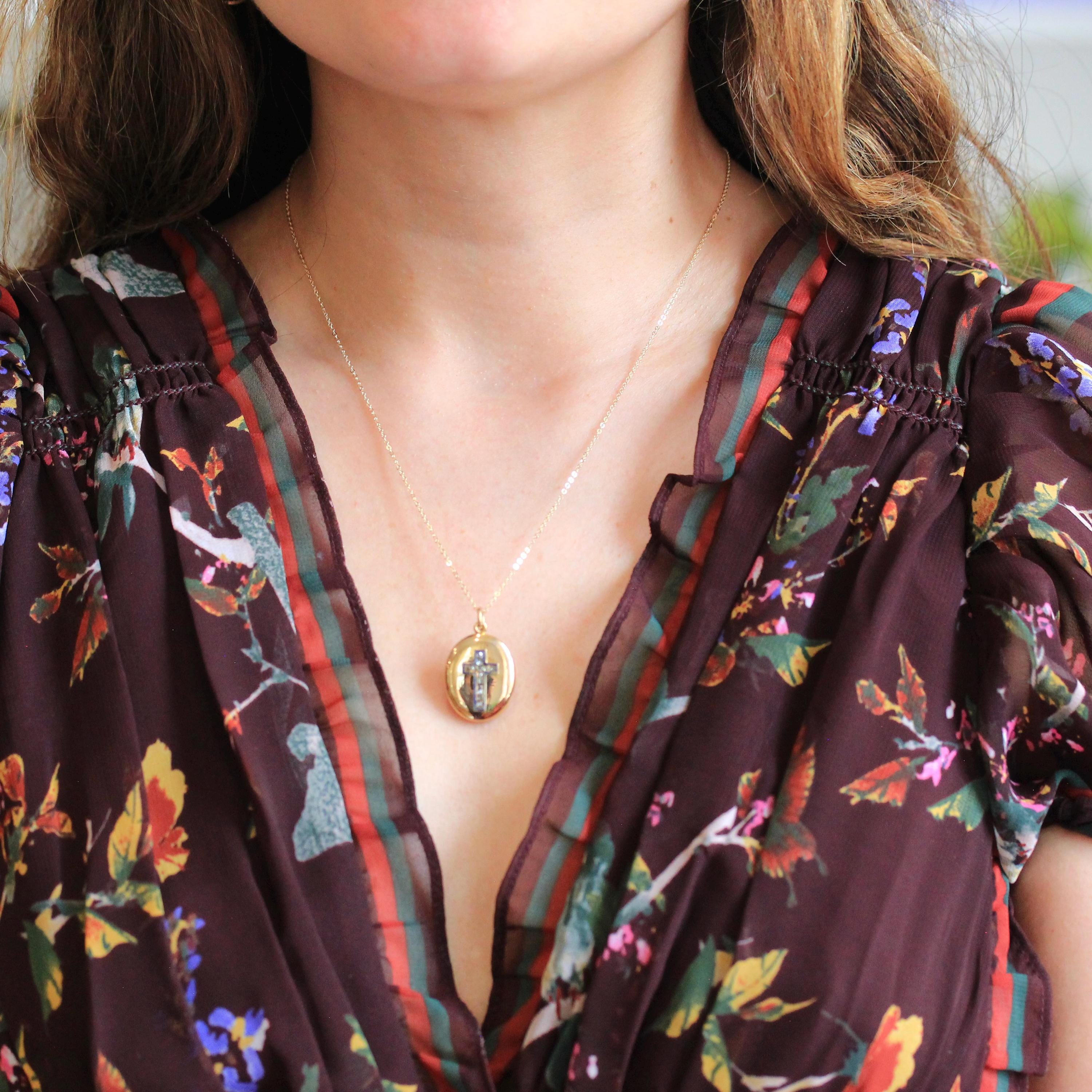 Antique Diamond Cross Pendant - Victorian 14k Yellow Gold Black Enamel Moss Agate Pendant - Vintage Religious Christian 1800s Fine Jewelry