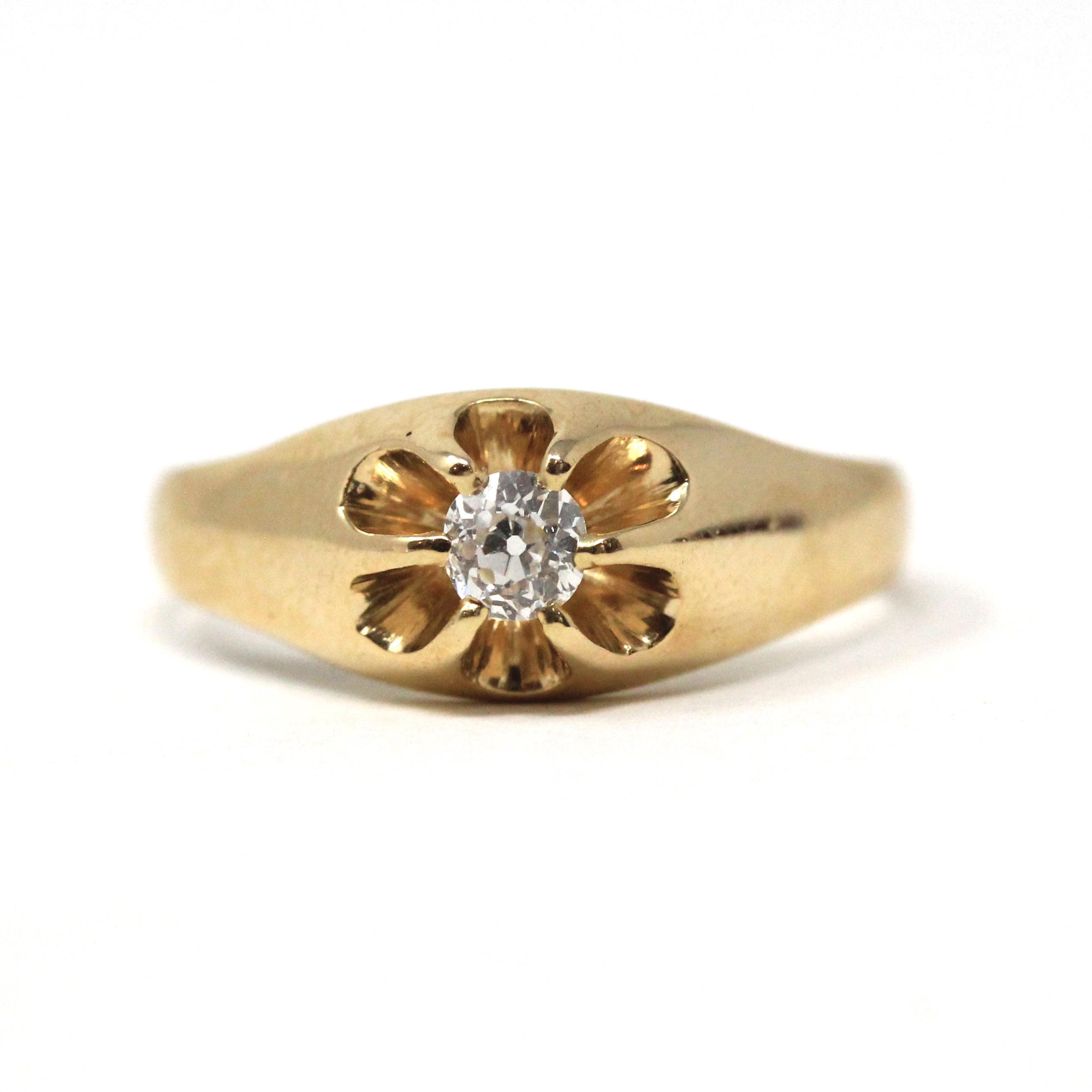 Antique Diamond Belcher Ring - Edwardian 10k Yellow Gold .25 CT Natural Old Mine Cut - Vintage 1910s Era Size 9 1/4 Fine Engagement Jewelry
