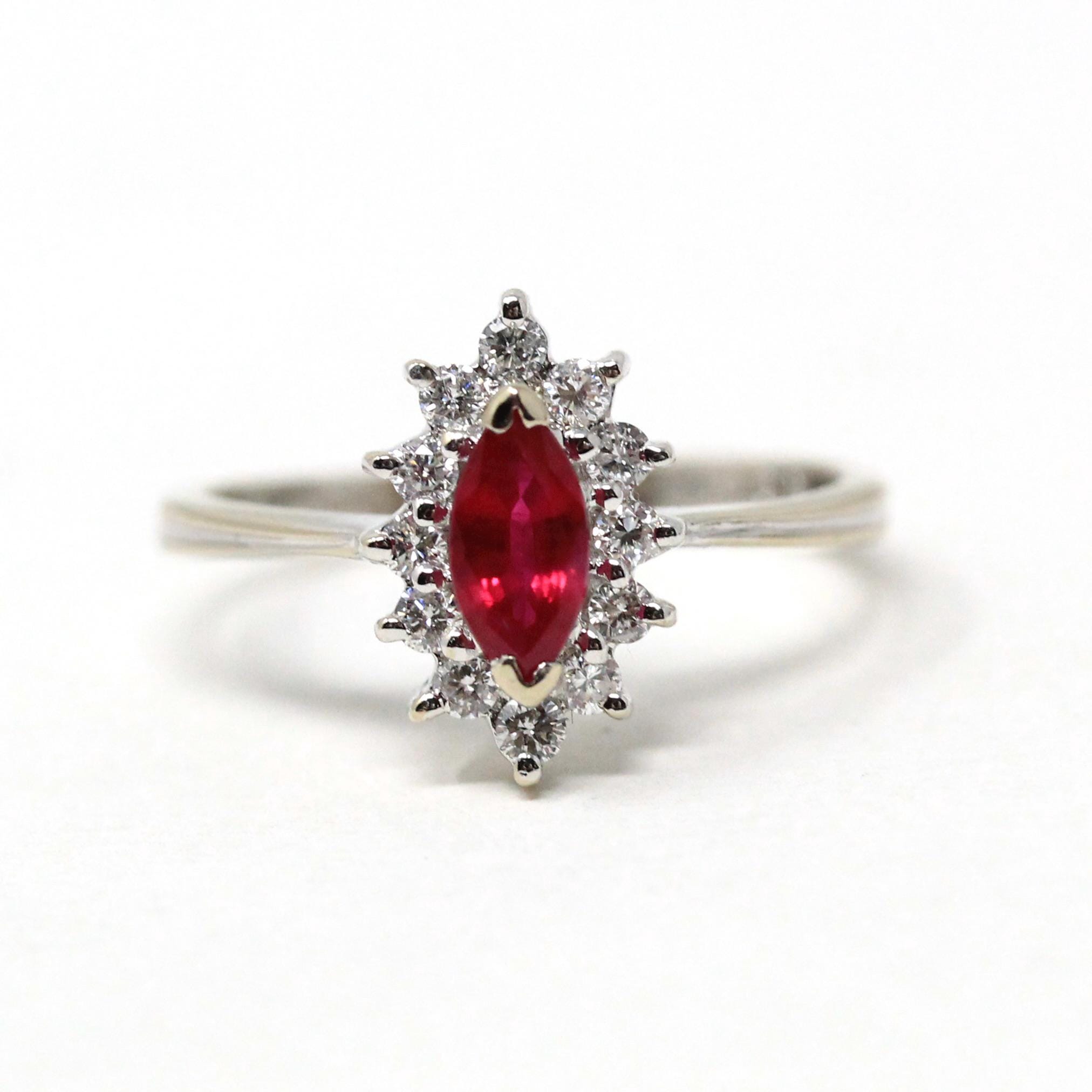 Marquise Halo Ring - Modern Era 18k White Gold Created Red Ruby & Natural Diamond Cluster - Estate Circa 1990s Engagement Fine Jewelry