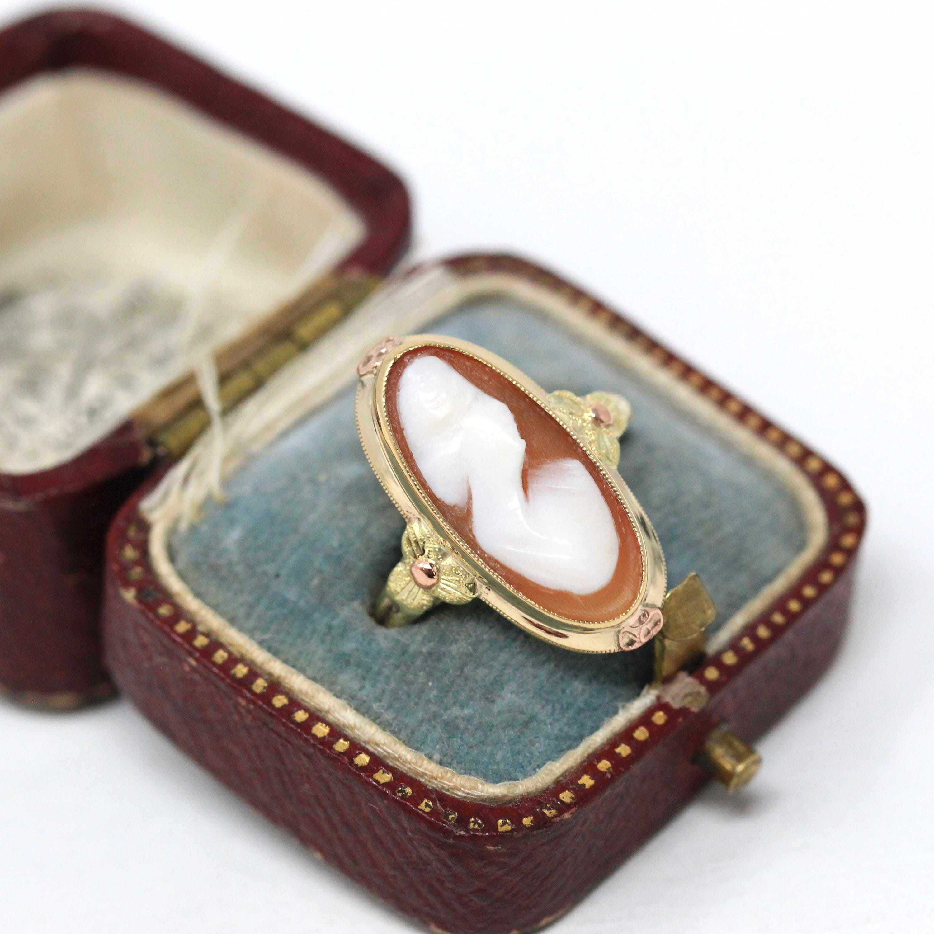 Vintage Cameo Ring - Mid Century 10k Yellow Gold Carved Oval Orange Shell Woman's Profile - Circa 1940s Era Size 6 3/4 Fine Fashion Jewelry