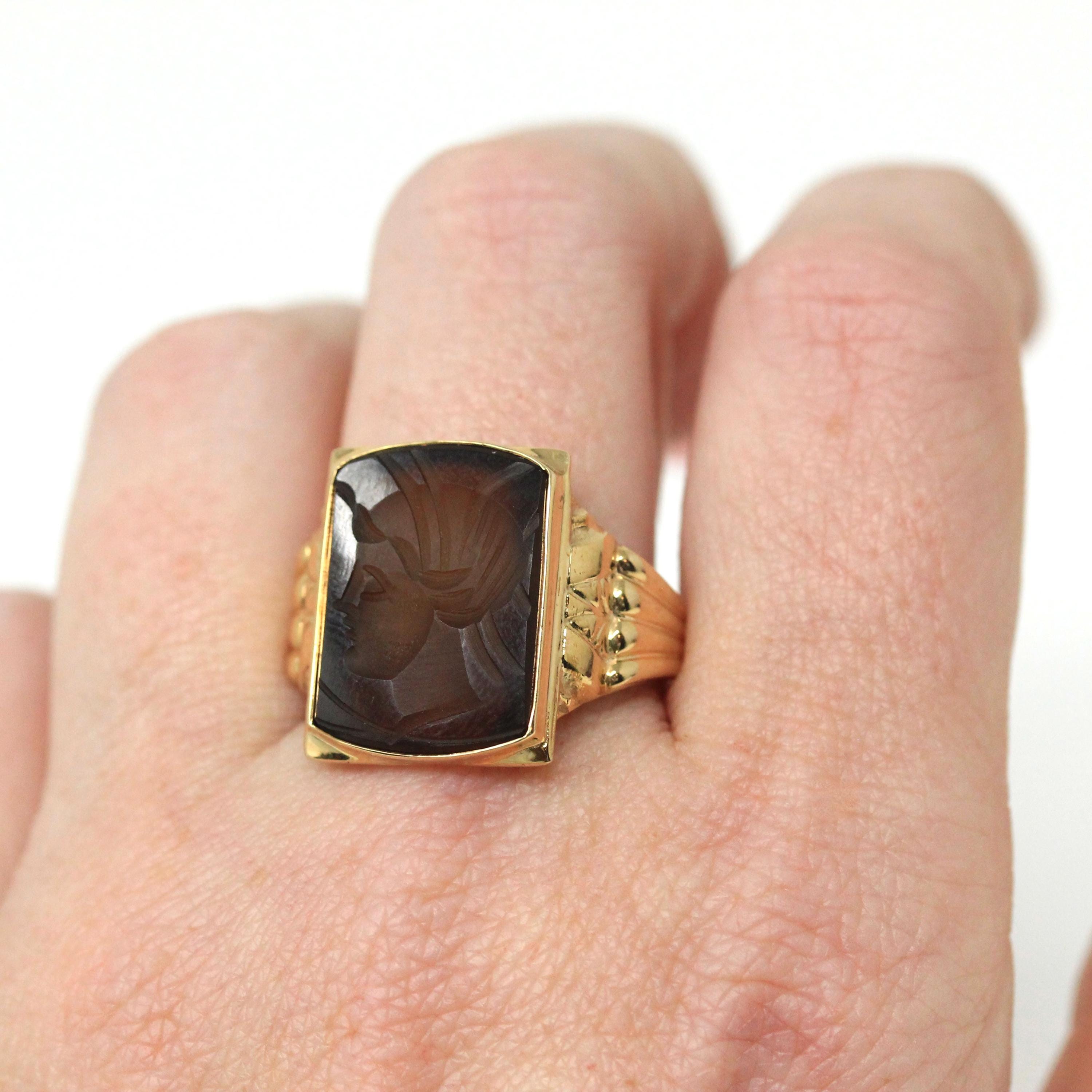 Chalcedony Intaglio Ring - Vintage 10k Yellow Gold Carved Brown Gemstone Warrior - Circa 1950s Era Size 8 3/4 Unisex Fine Statement Jewelry