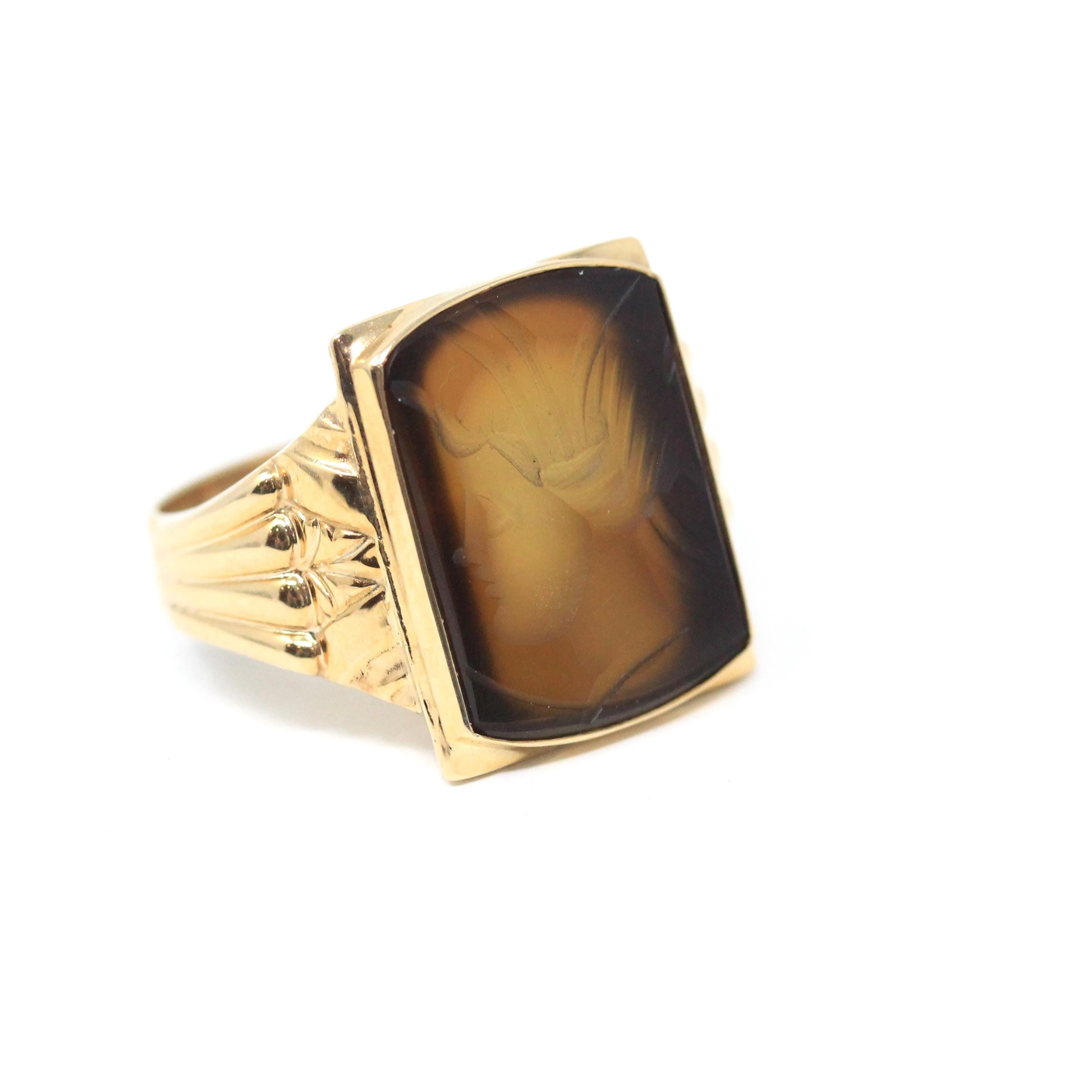 Chalcedony Intaglio Ring - Vintage 10k Yellow Gold Carved Brown Gemstone Warrior - Circa 1950s Era Size 8 3/4 Unisex Fine Statement Jewelry