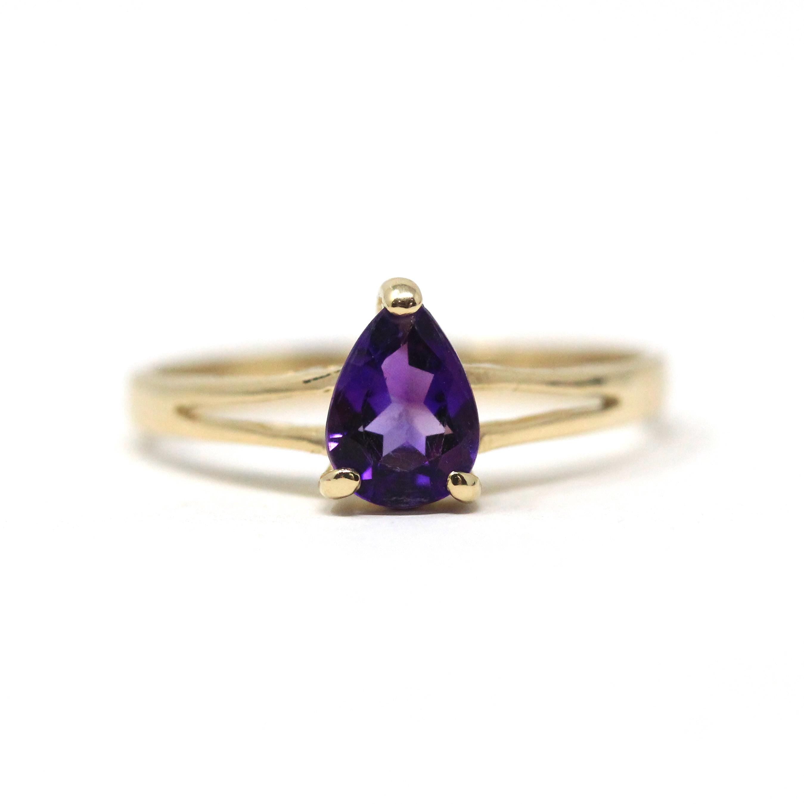 Amethyst Solitaire Ring - Modern 14k Yellow Gold Natural Pear Cut .52 CT Gemstone - Circa 2000s Size 6 1/2 February Birthstone Fine Jewelry