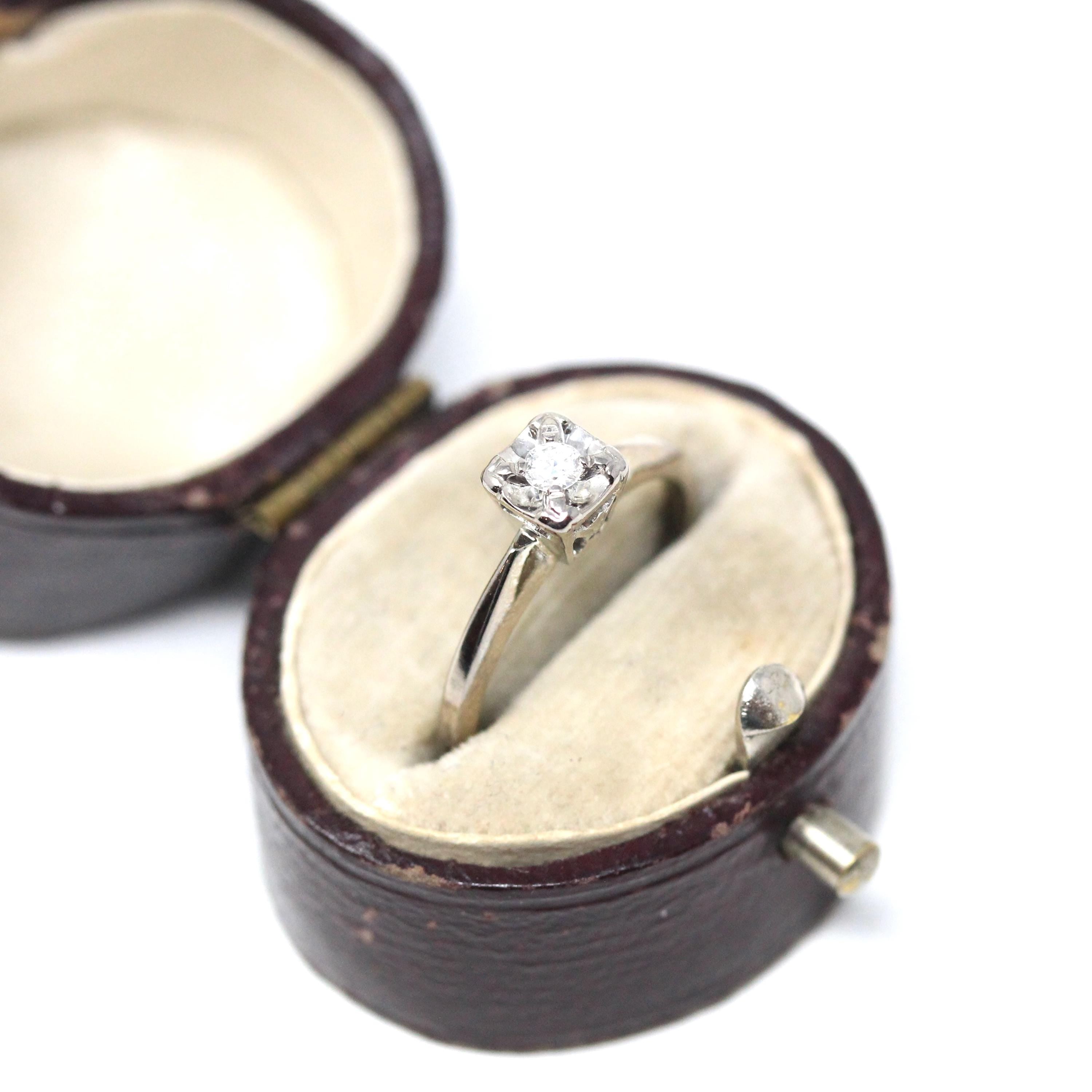 Illusion Diamond Ring - Mid Century 18k White Gold Engagement Natural Gemstone Solitaire - Vintage 1950s Era Size 4 1/2 Fine Bridal Jewelry