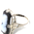 Vintage Cameo Ring - Art Deco 14k White Gold Genuine Carved Black & White Onyx Gemstone - Circa 1930s Era Statement Woman's Profile Jewelry