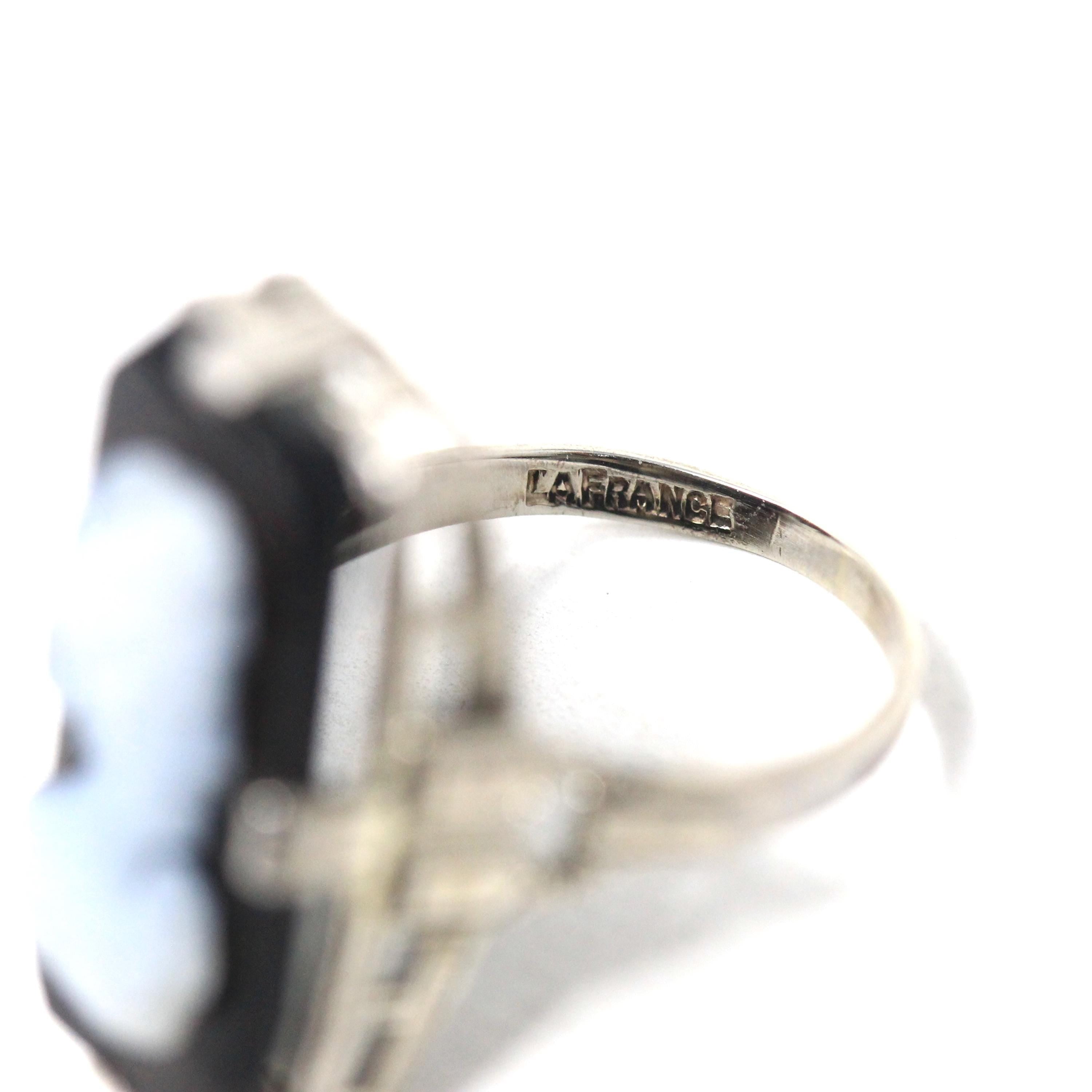 Vintage Cameo Ring - Art Deco 14k White Gold Genuine Carved Black & White Onyx Gemstone - Circa 1930s Era Statement Woman's Profile Jewelry